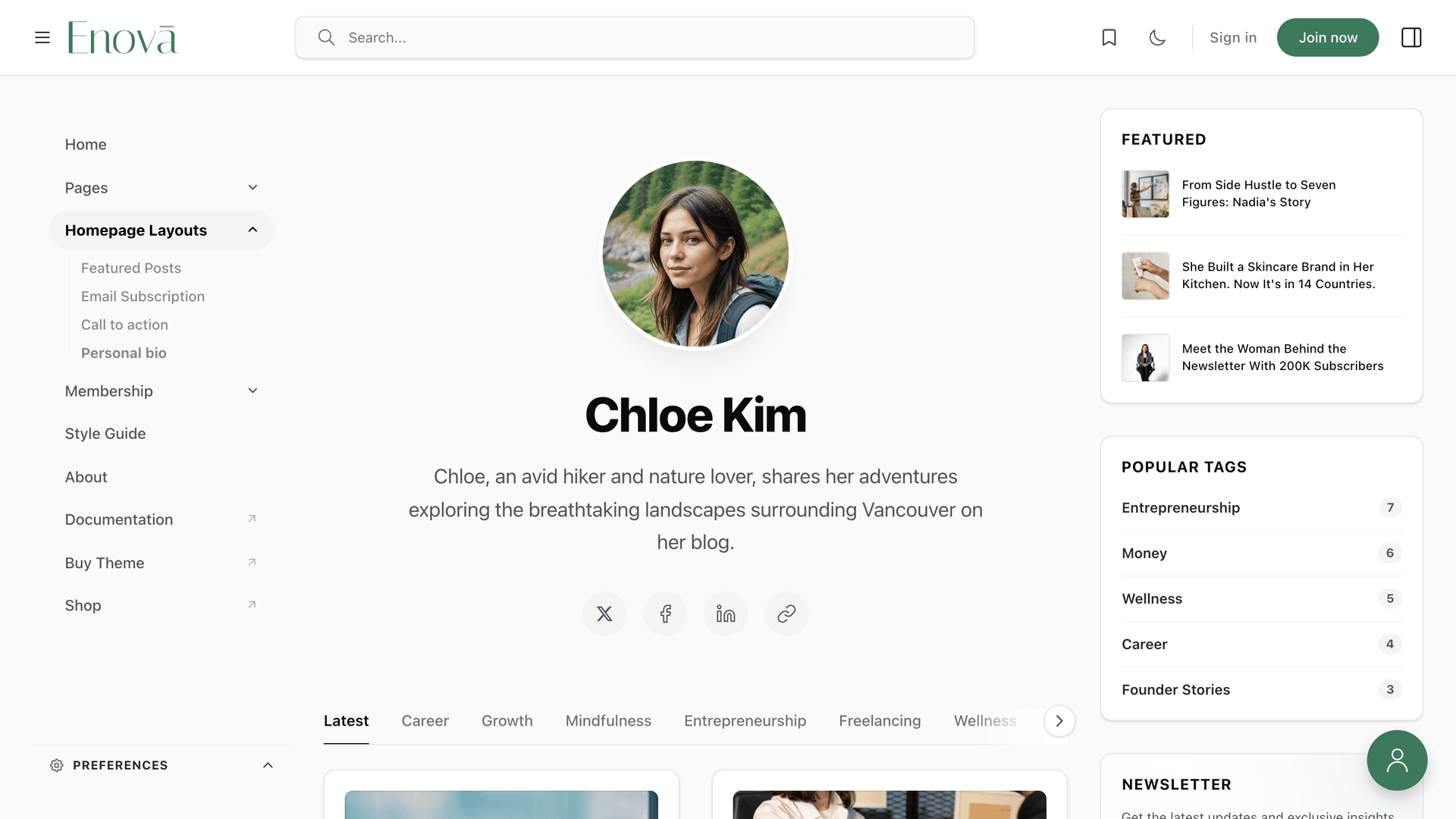 Enova personal bio homepage layout for expert-led publications and independent writers