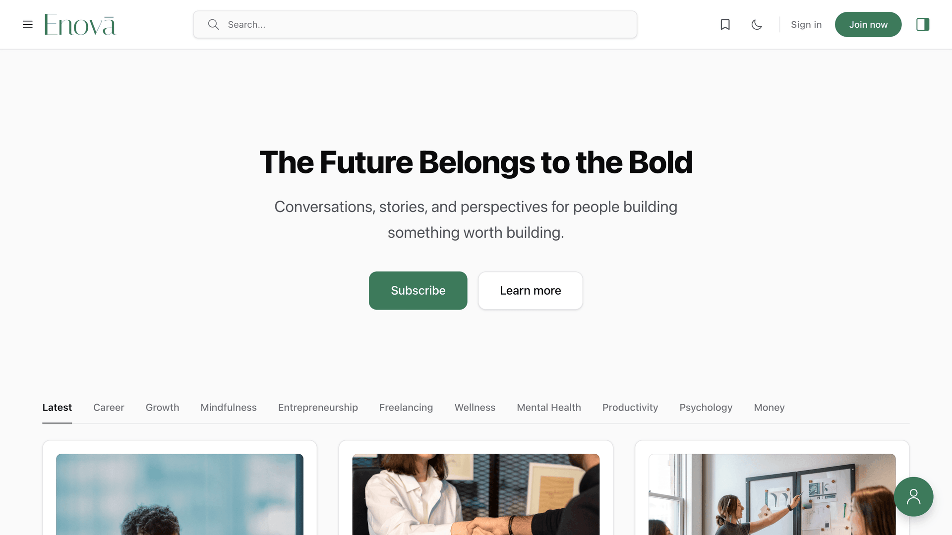Enova call to action homepage layout for products, services, courses, and memberships