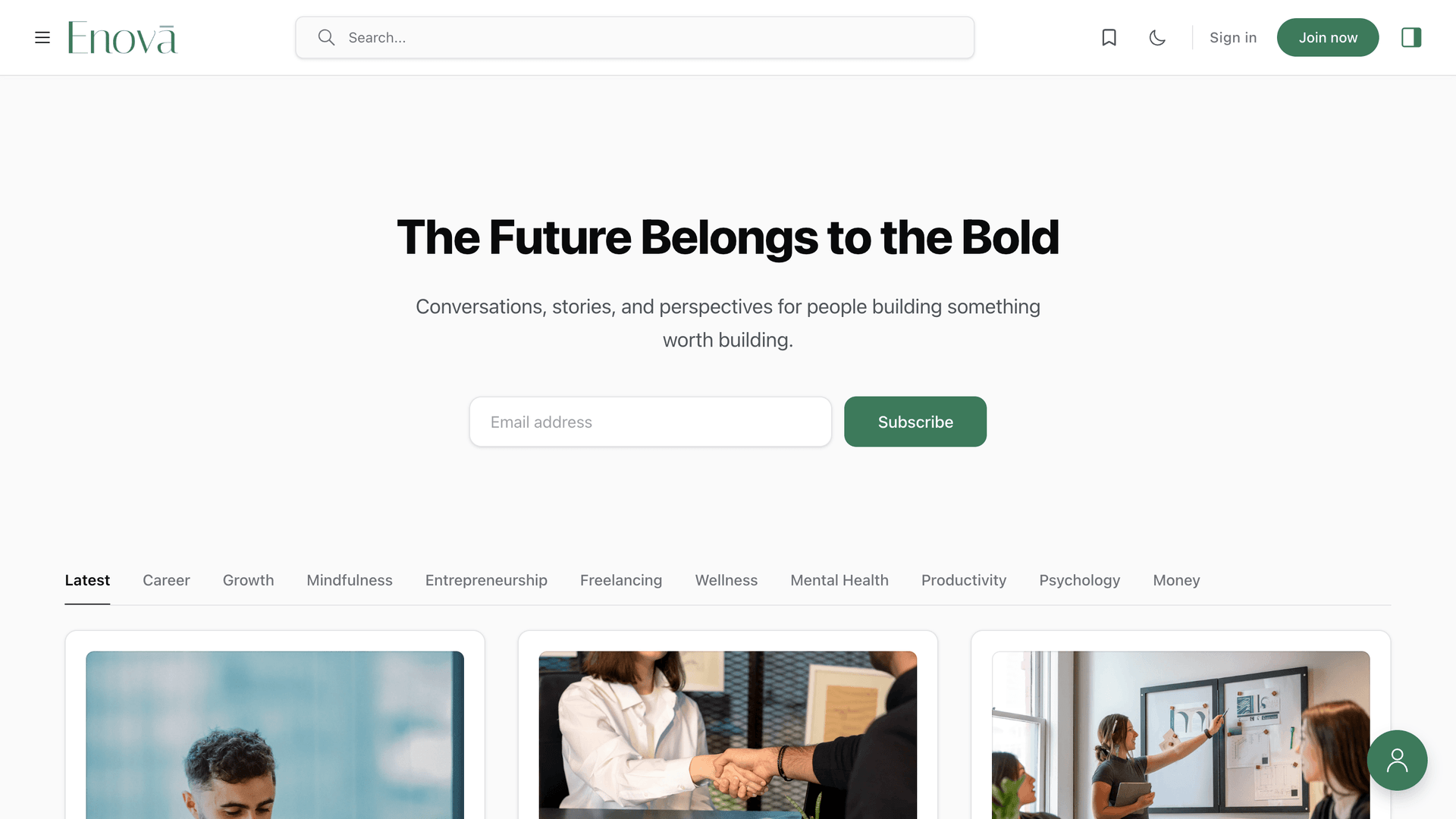 Enova email subscription homepage layout for newsletter publishers