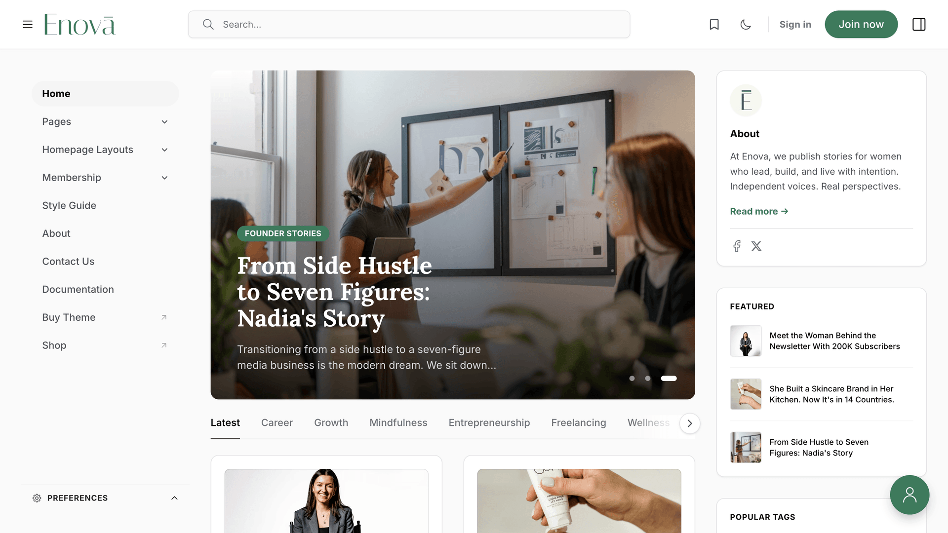 Enova featured posts homepage layout for magazines and editorial publications