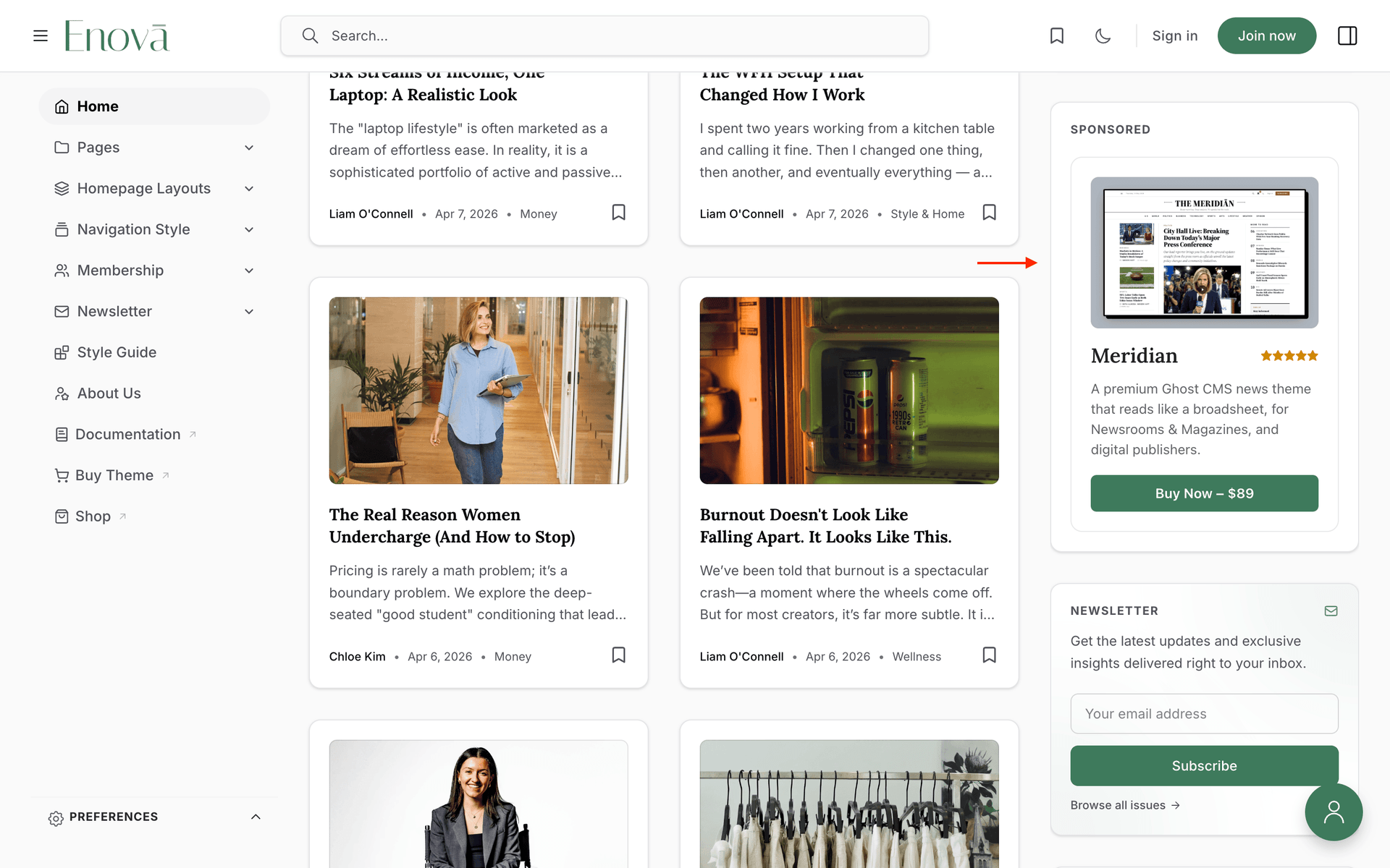 Enova homepage right sidebar showing a Sponsored house-ad widget promoting a product with an image, rating, and a buy button