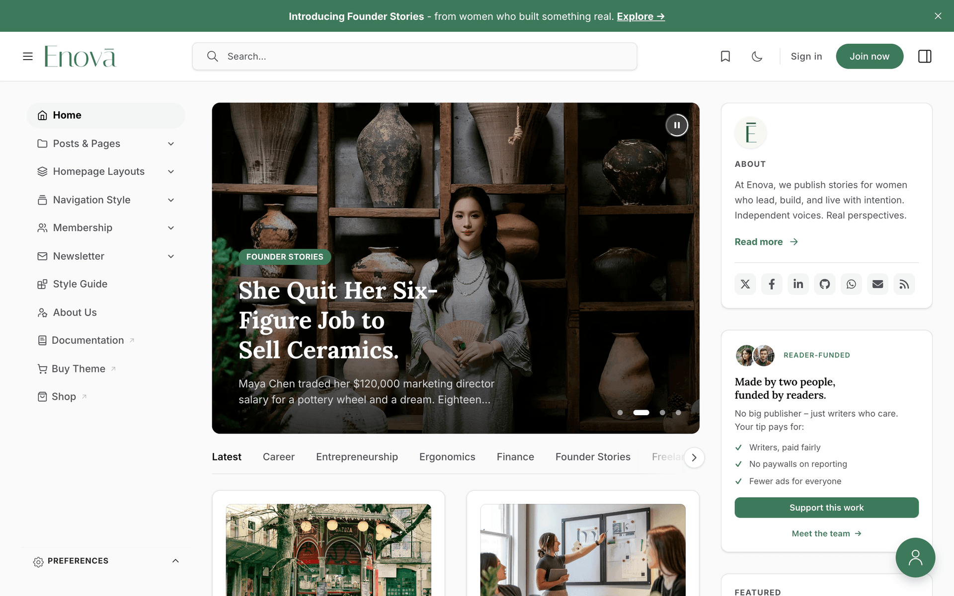 Enova sidebar navigation layout with a vertical menu beside the content and a wide header search bar