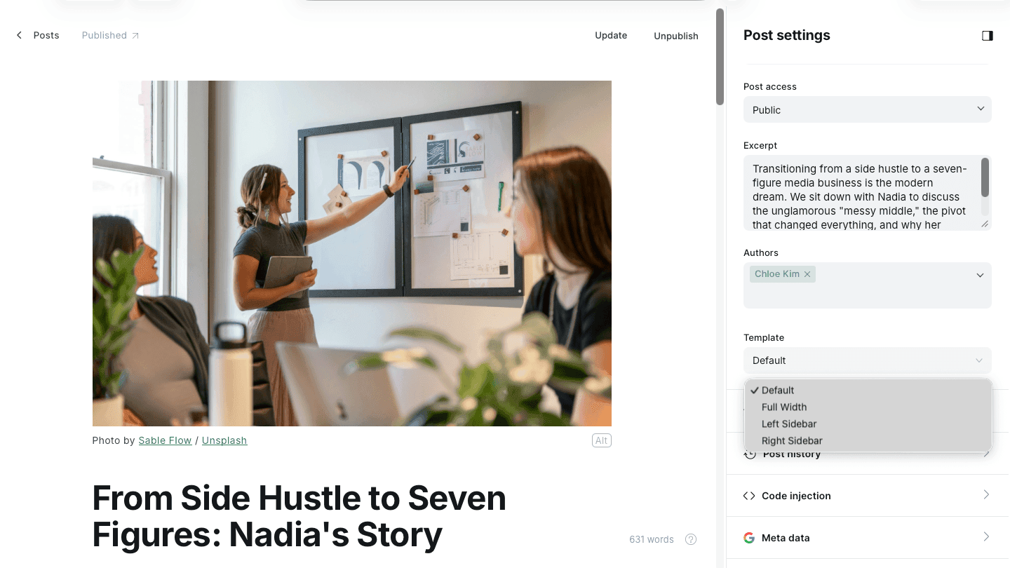 Enova per-post sidebar layout controls in Ghost editor