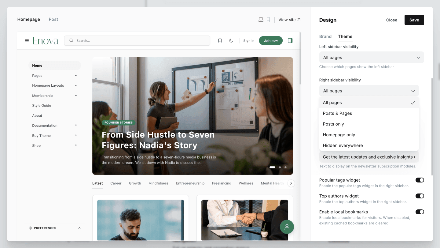 Enova sitewide sidebar layout controls in Ghost Admin