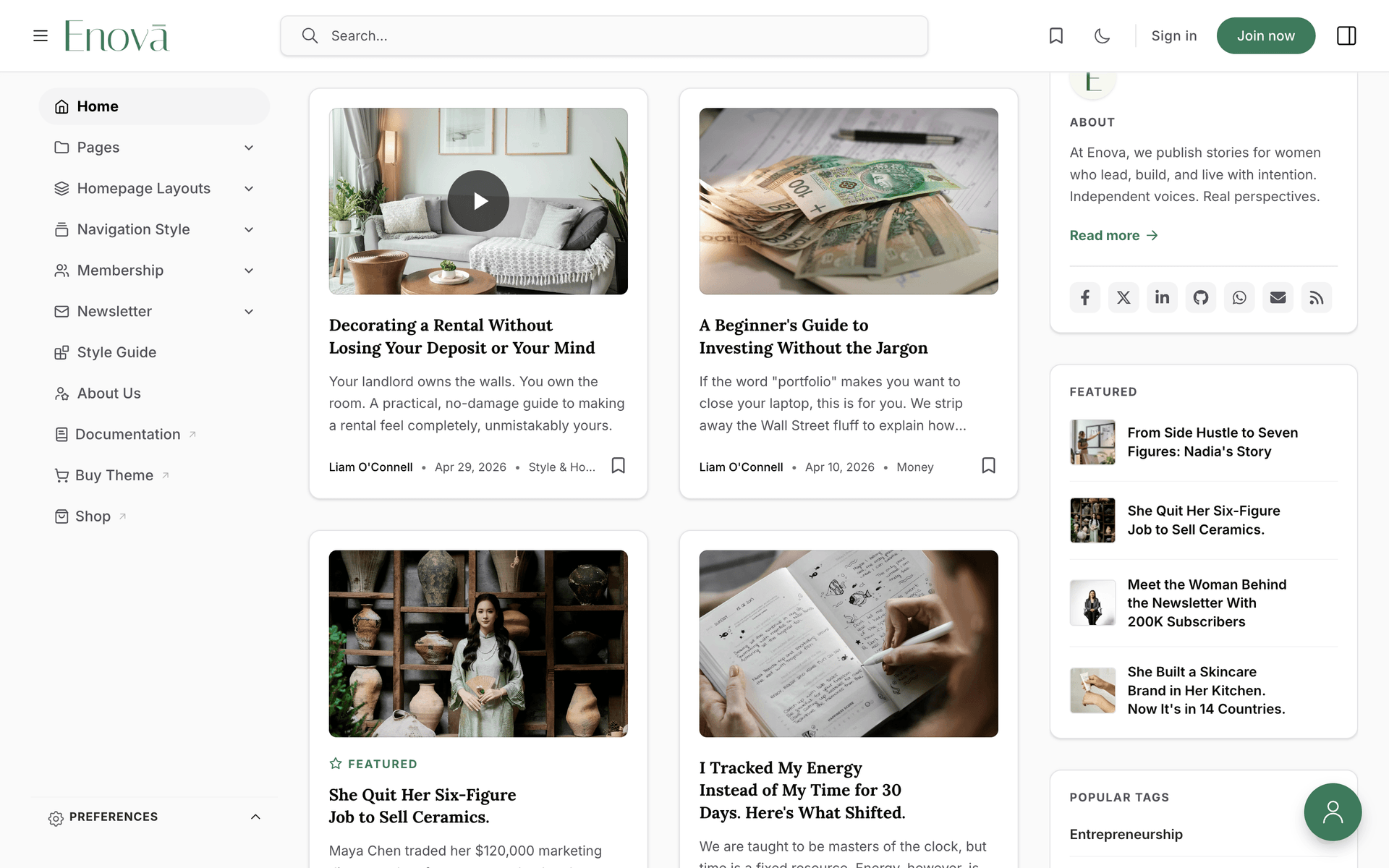 Enova homepage feed showing automatic play-icon badges on post cards tagged #video