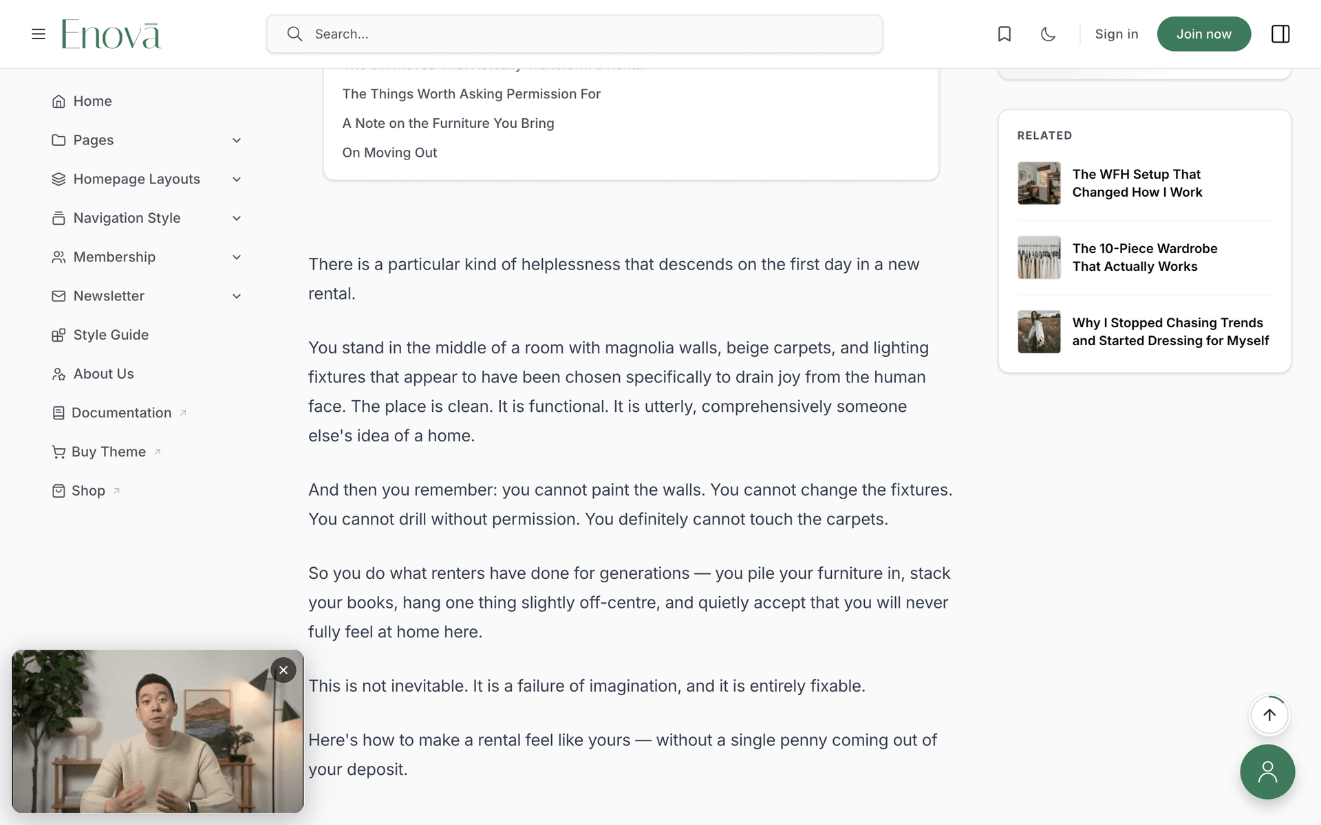 Enova video post docked mini-player keeping a YouTube embed visible while the reader scrolls the article