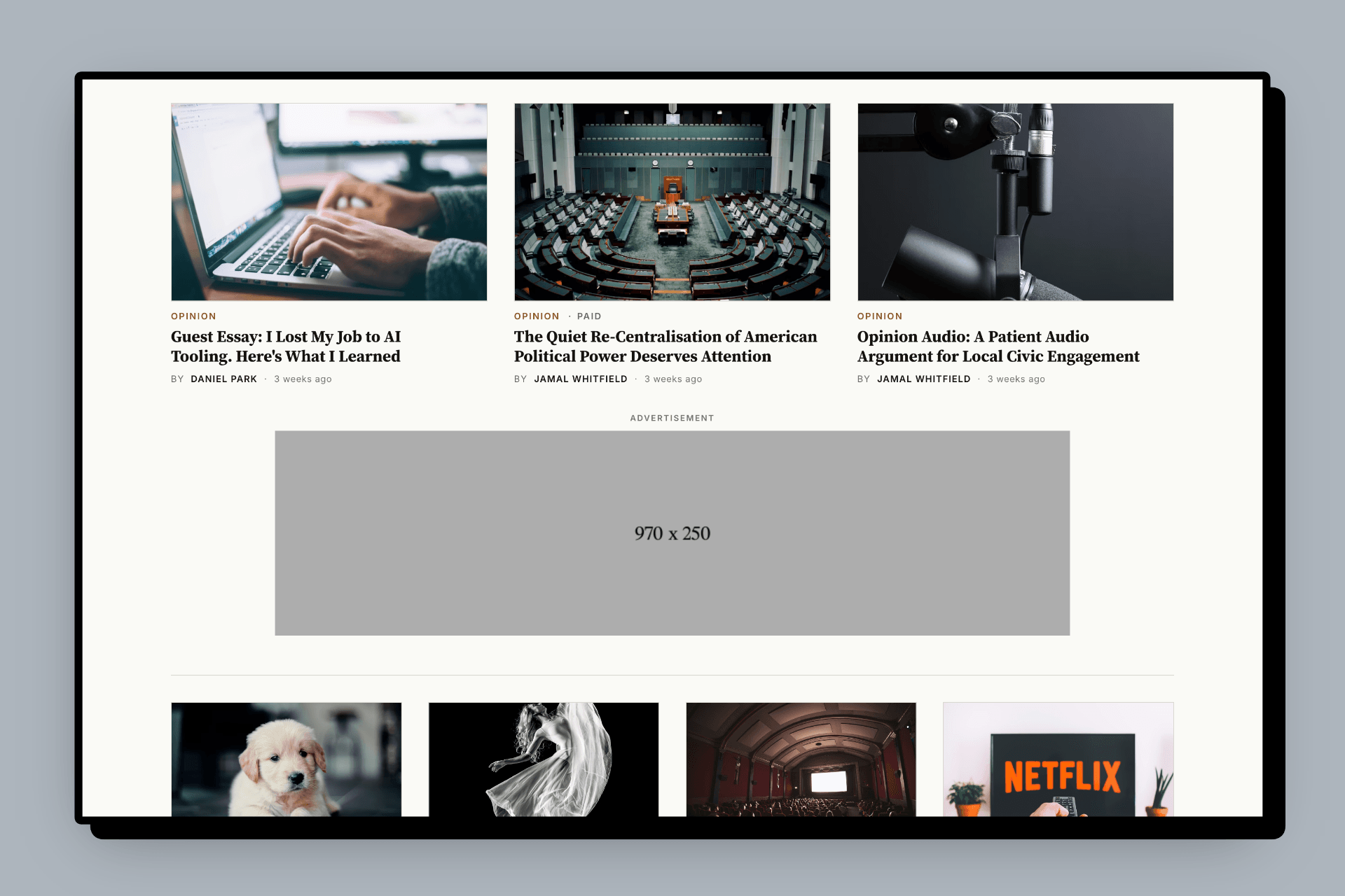 An in-feed ad between rows on a Meridian section archive page