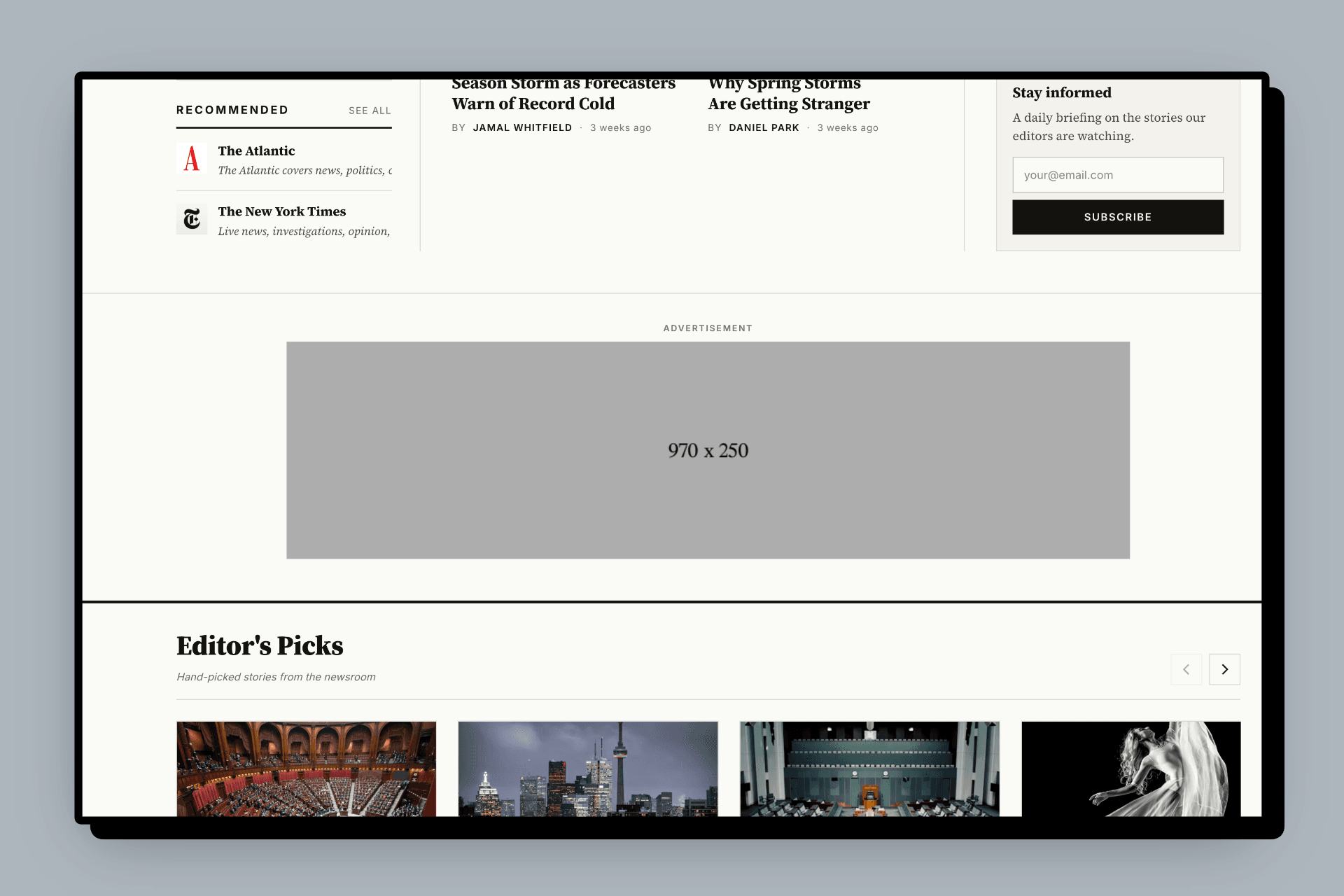 A display ad rendered below the hero on a Meridian Ghost theme homepage