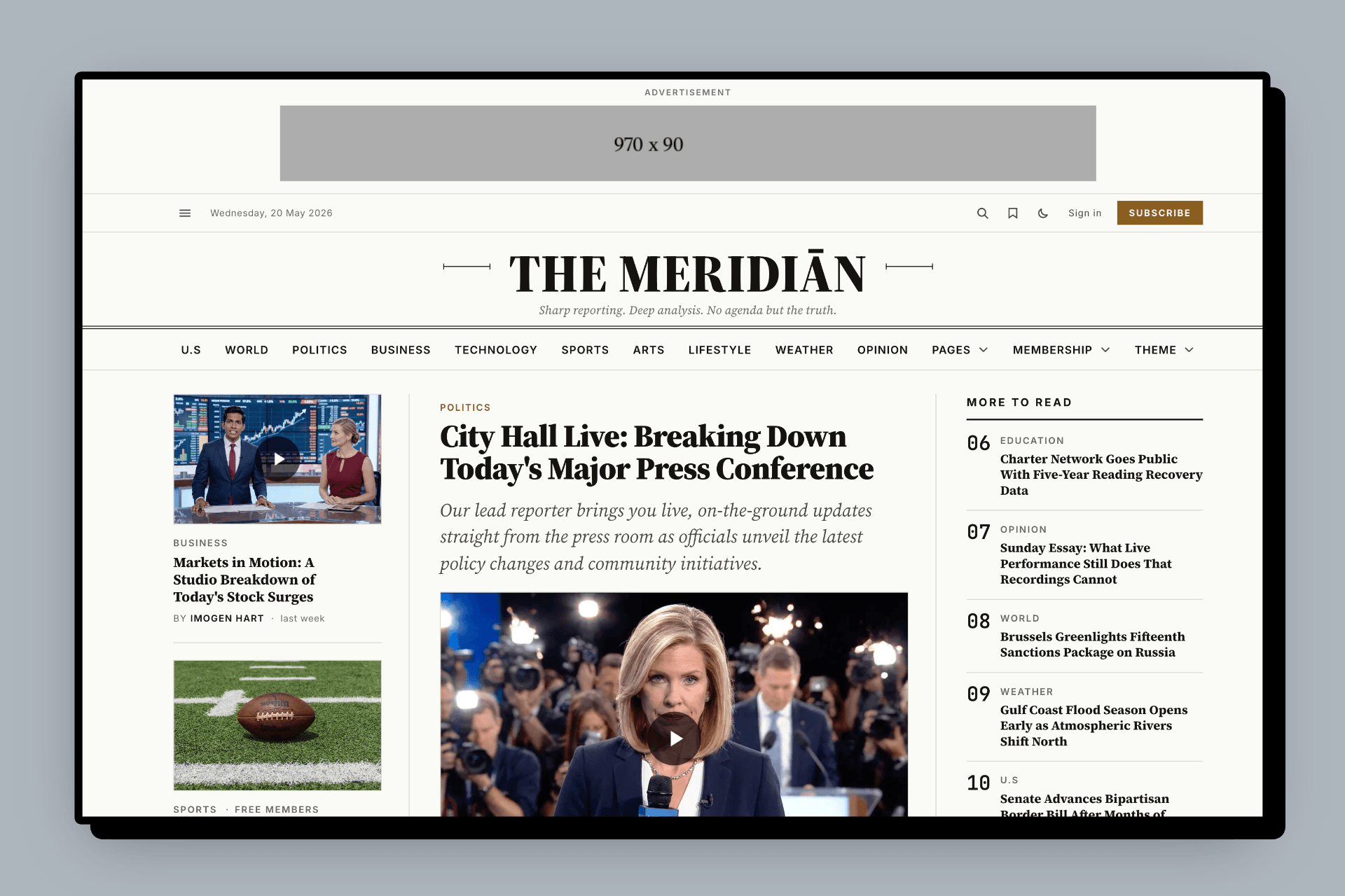 A leaderboard ad pinned to the top of a Meridian site, above the masthead