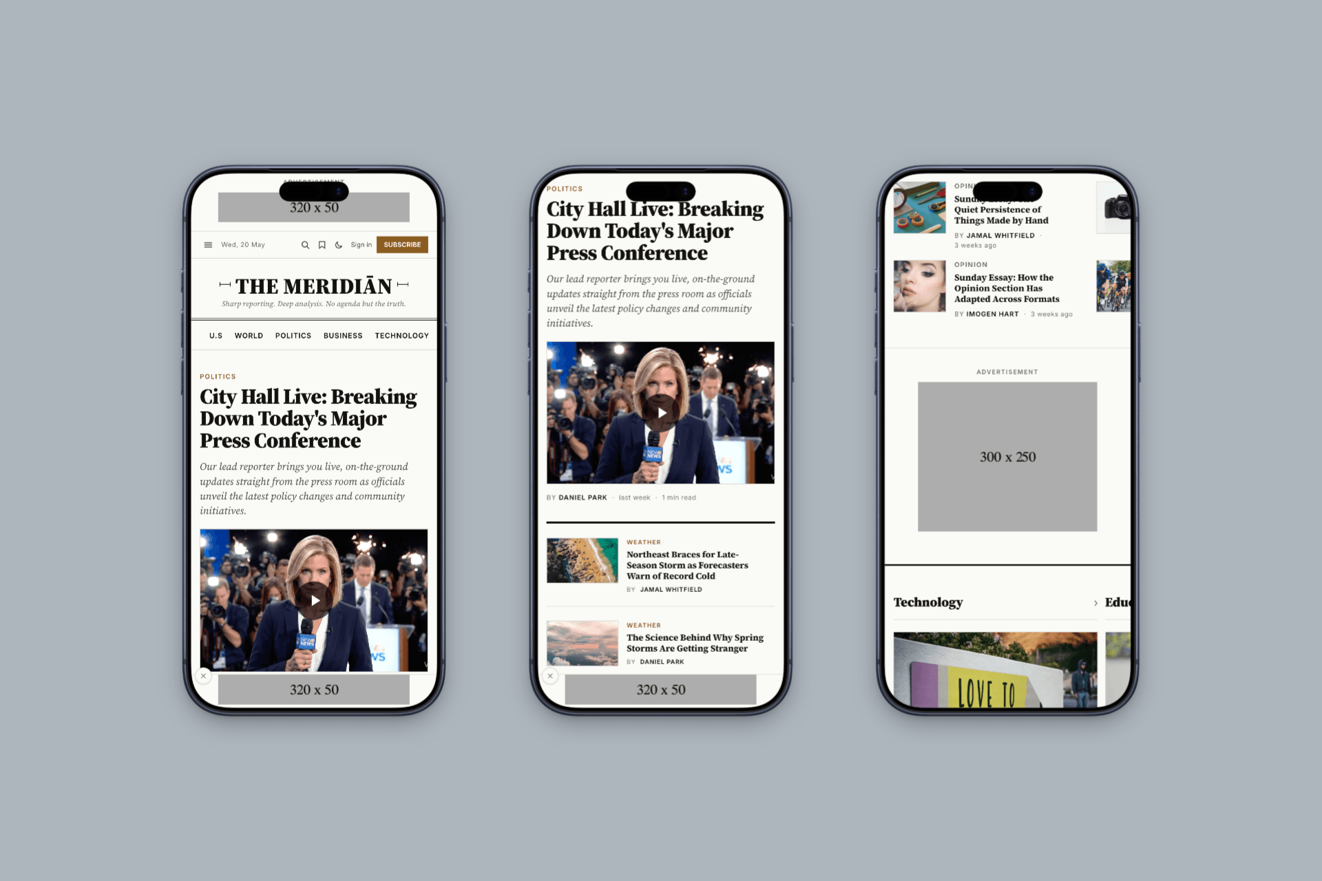 A dismissible sticky ad bar at the bottom of a Meridian page on a phone