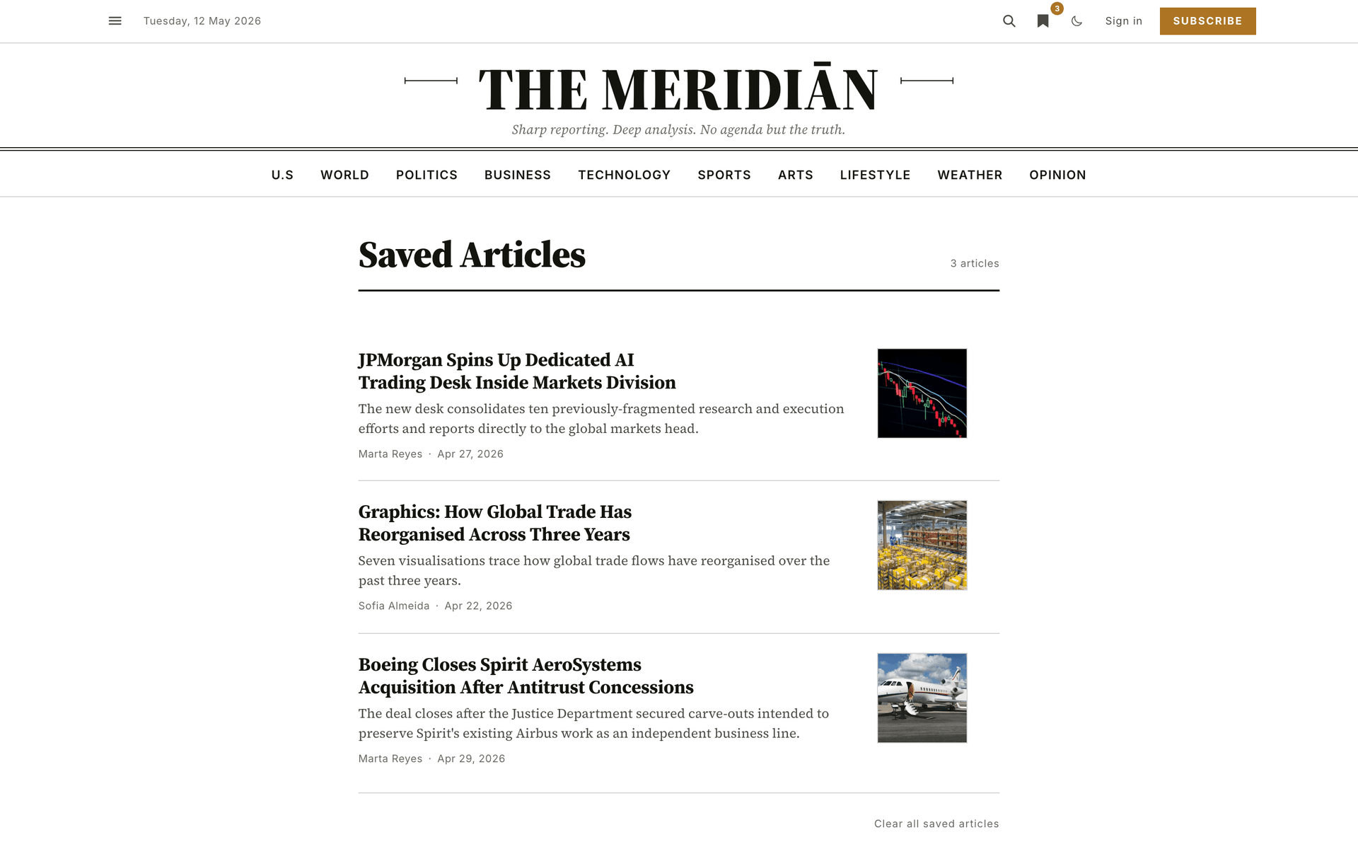 Meridian saved articles bookmarks page