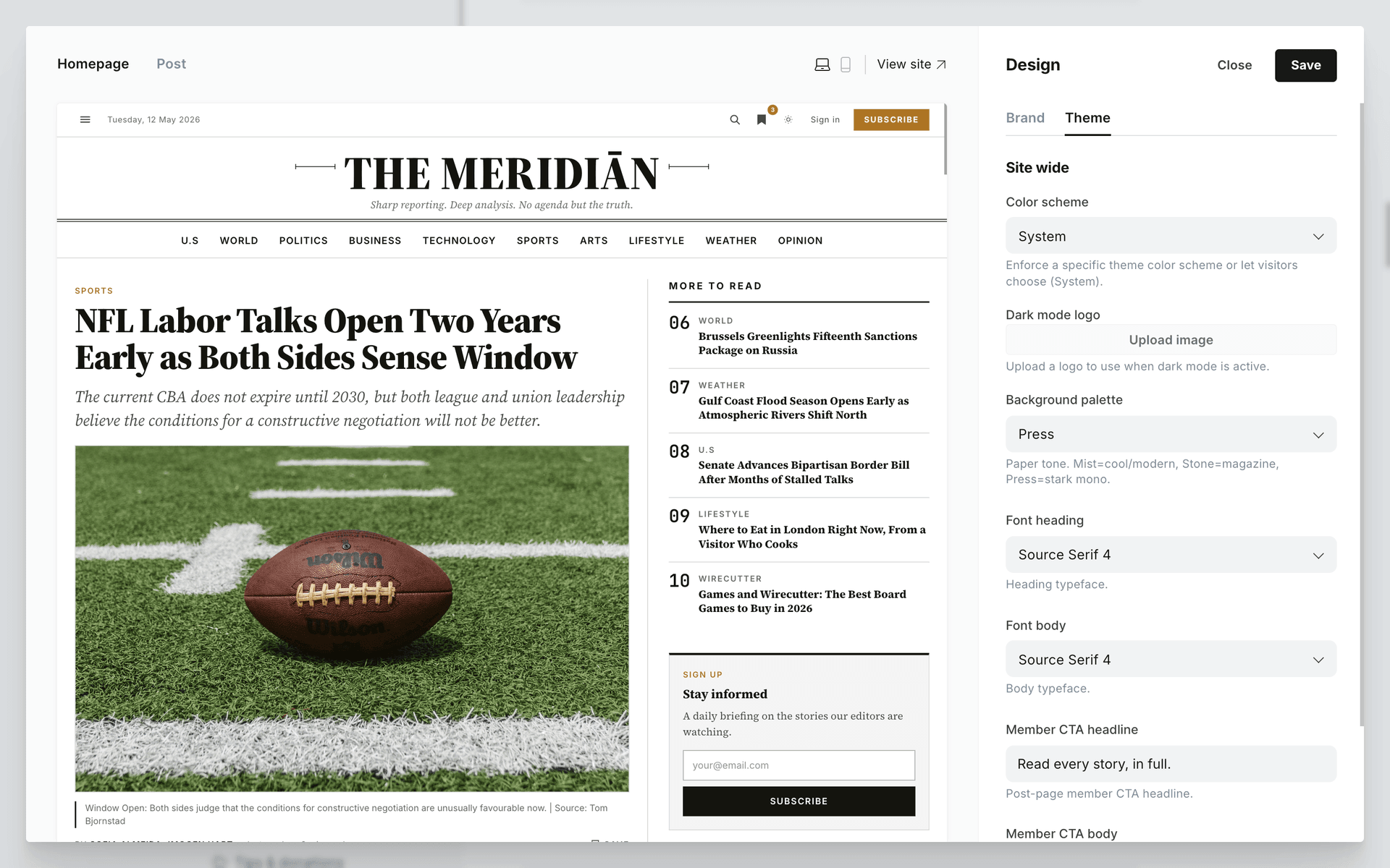 Meridian font heading and body pickers in Ghost Admin