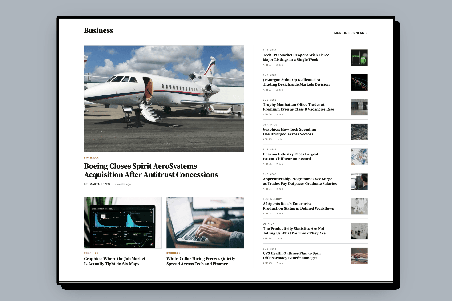 Meridian newspaper Ghost theme, asymmetric lead list layout for Markets and Politics sections