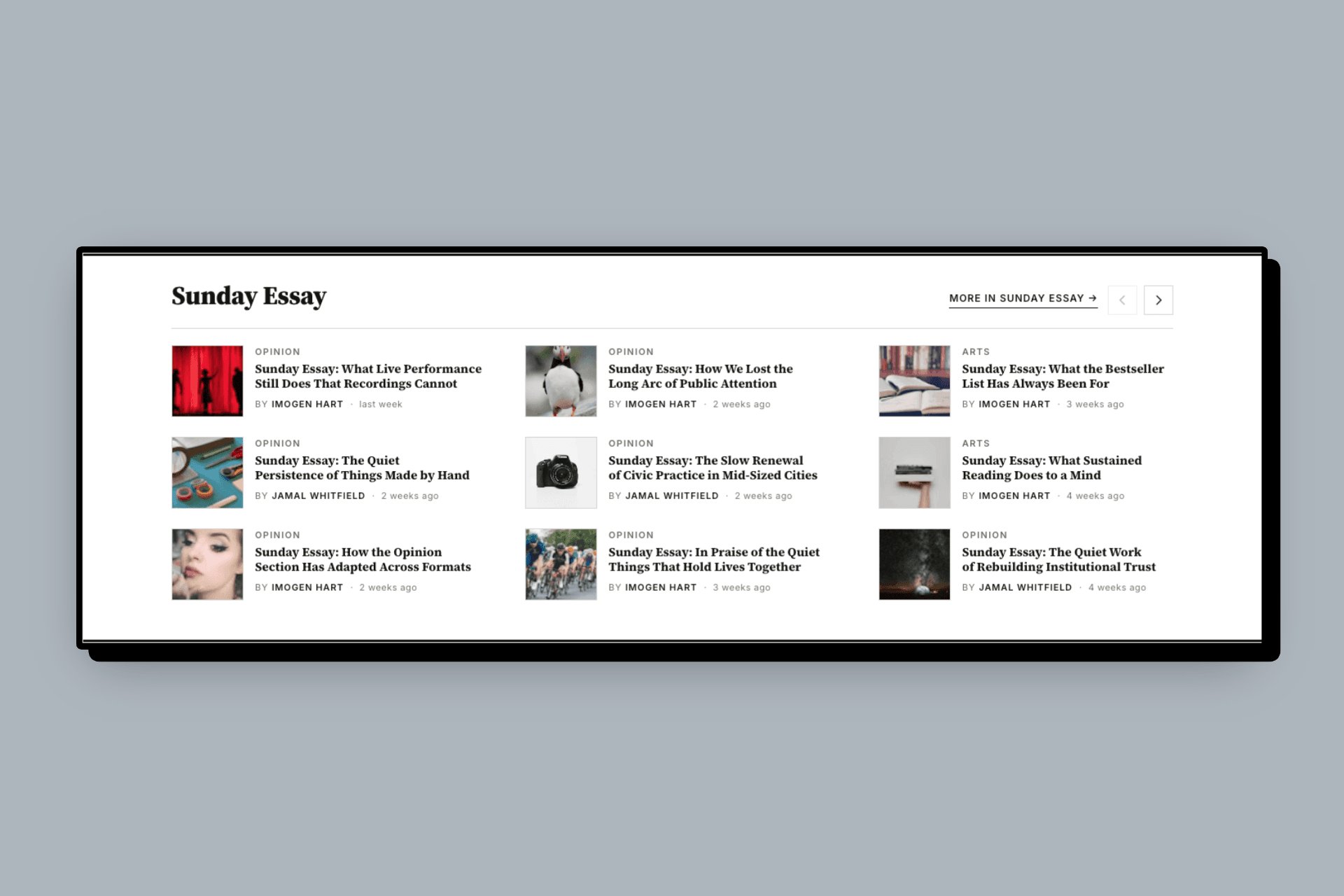 Meridian briefing carousel layout with horizontal scroll-snap