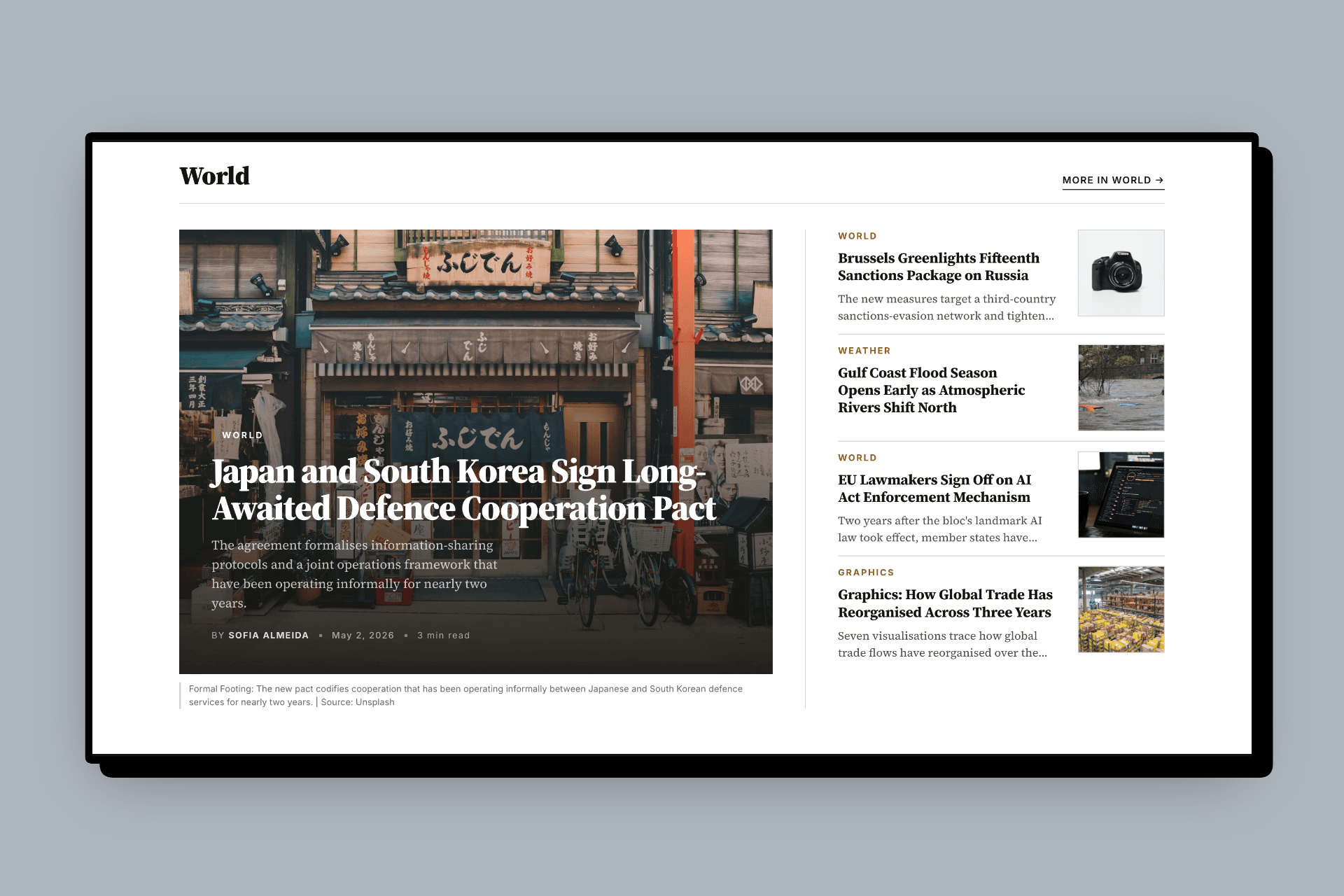 Meridian Ghost news theme, feature rail homepage layout with a cinematic hero and a uniform story rail