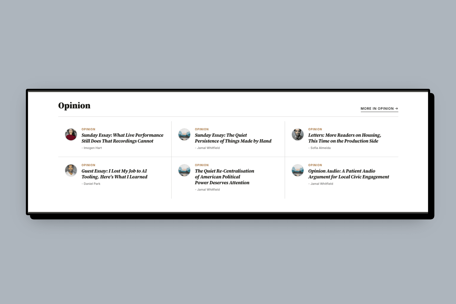 Meridian opinion hedcut layout for columnist sections with bylines