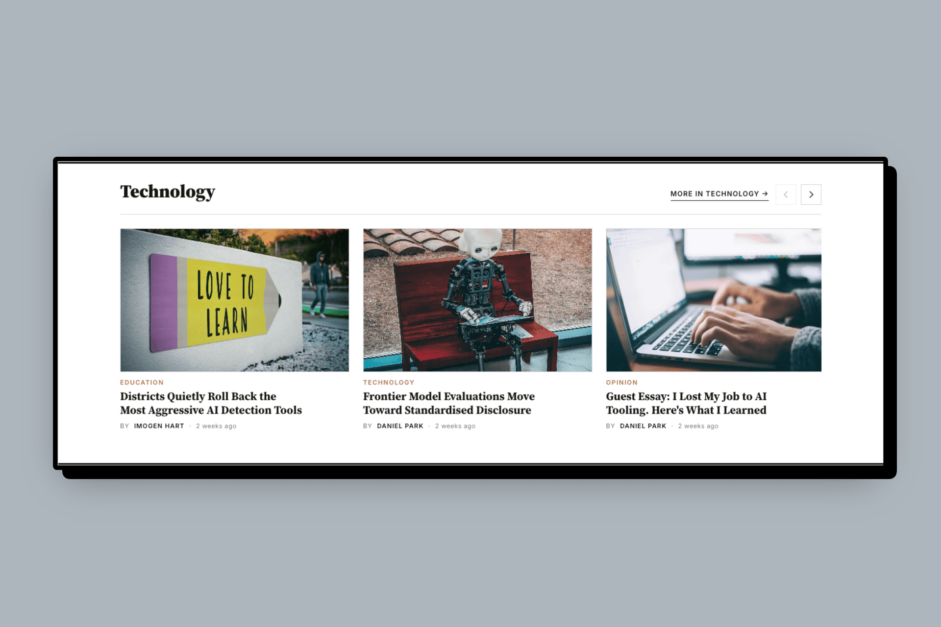Meridian standard 3-column grid layout, paginated carousel