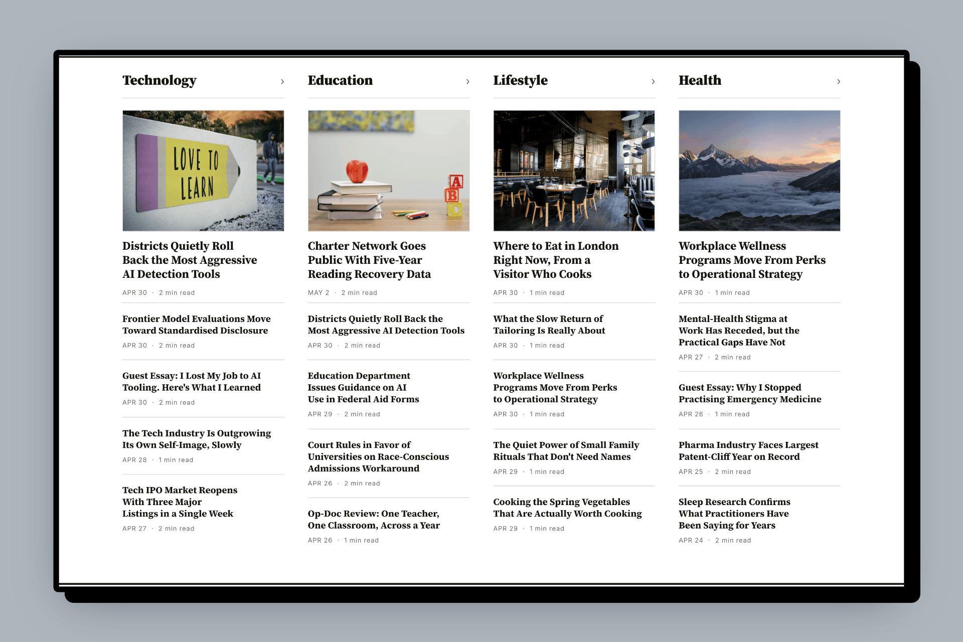Meridian tag columns layout with parallel section feeds