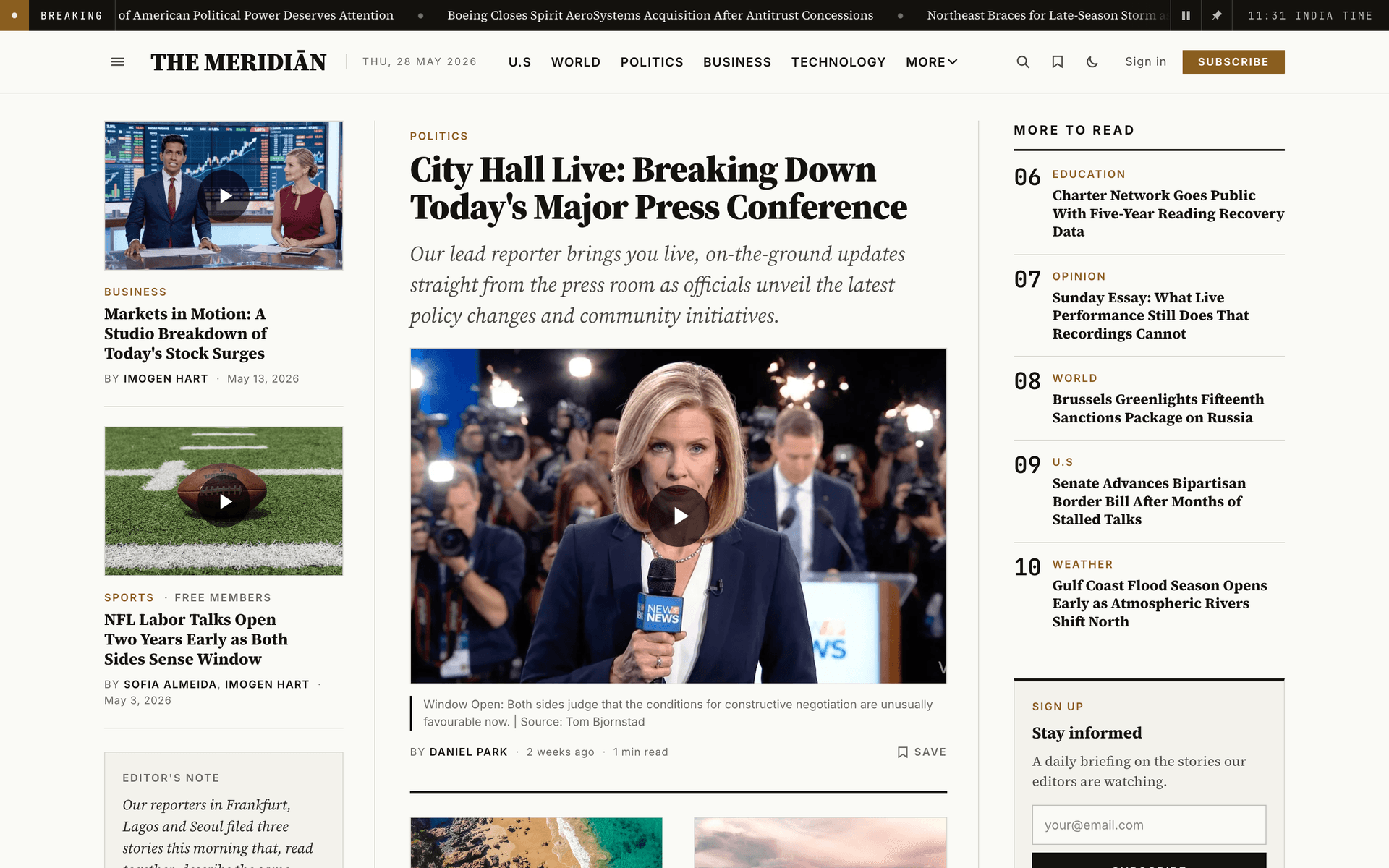 Meridian compact masthead, a slim single-row layout with logo, menu, search, bookmarks, and sign-in