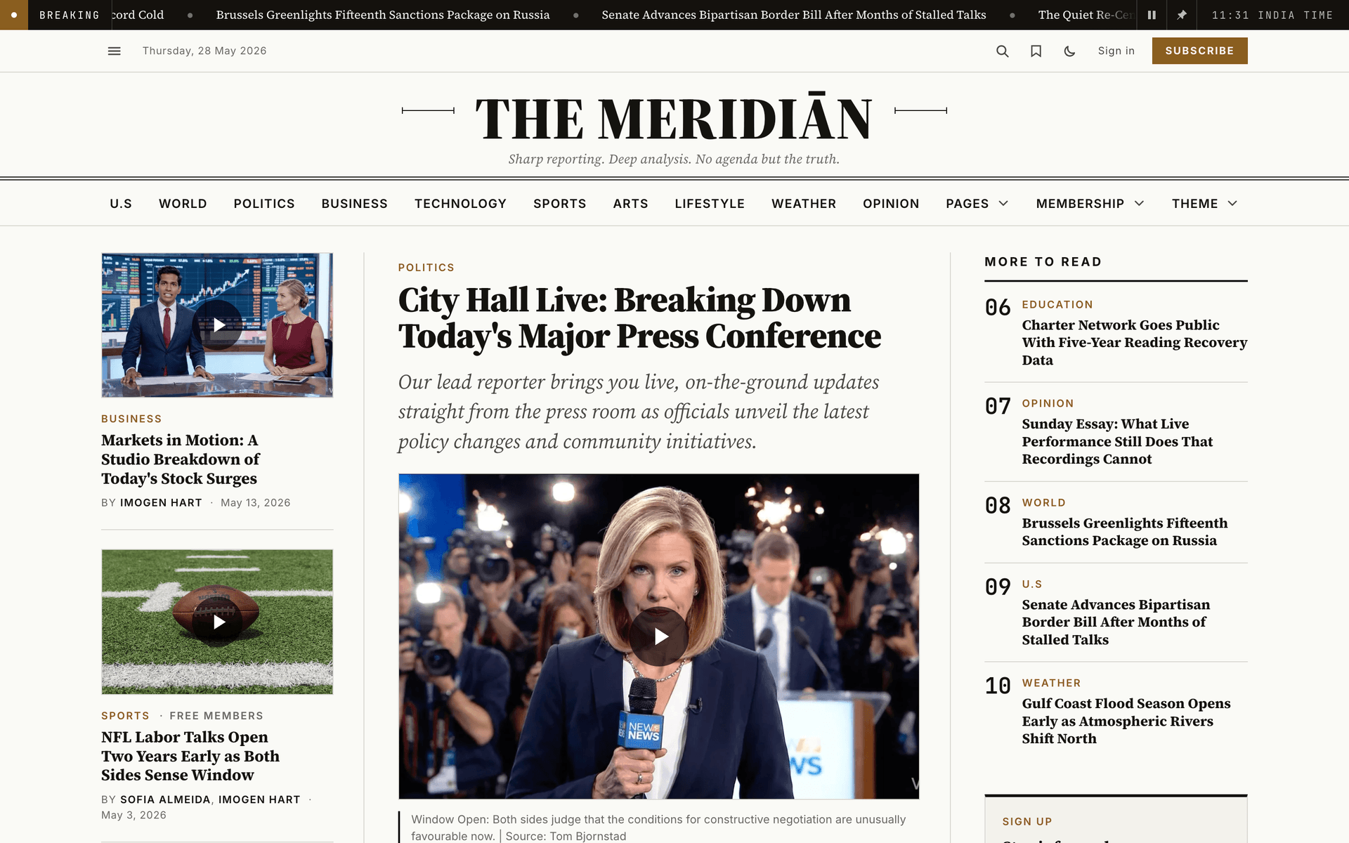 Meridian editorial masthead, a classic broadsheet name plate with a tagline and full section navigation