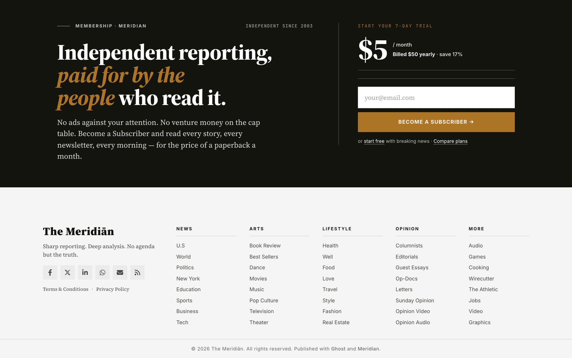 Meridian full-bleed Membership CTA band rendered above the footer