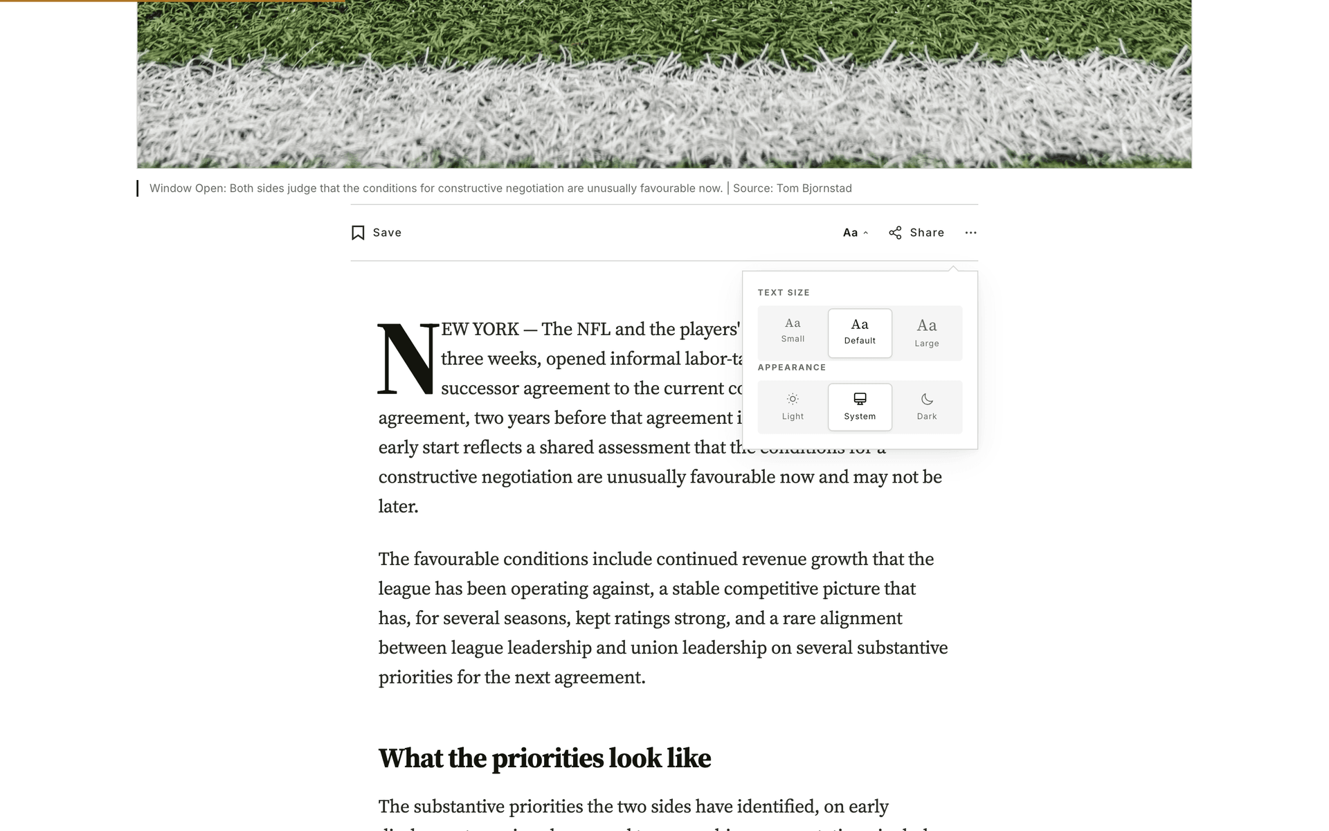 Meridian reader controls popover in the masthead