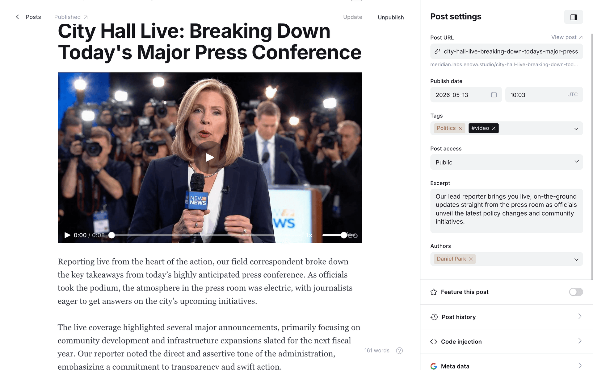 Marking a post as a video story in the Ghost editor