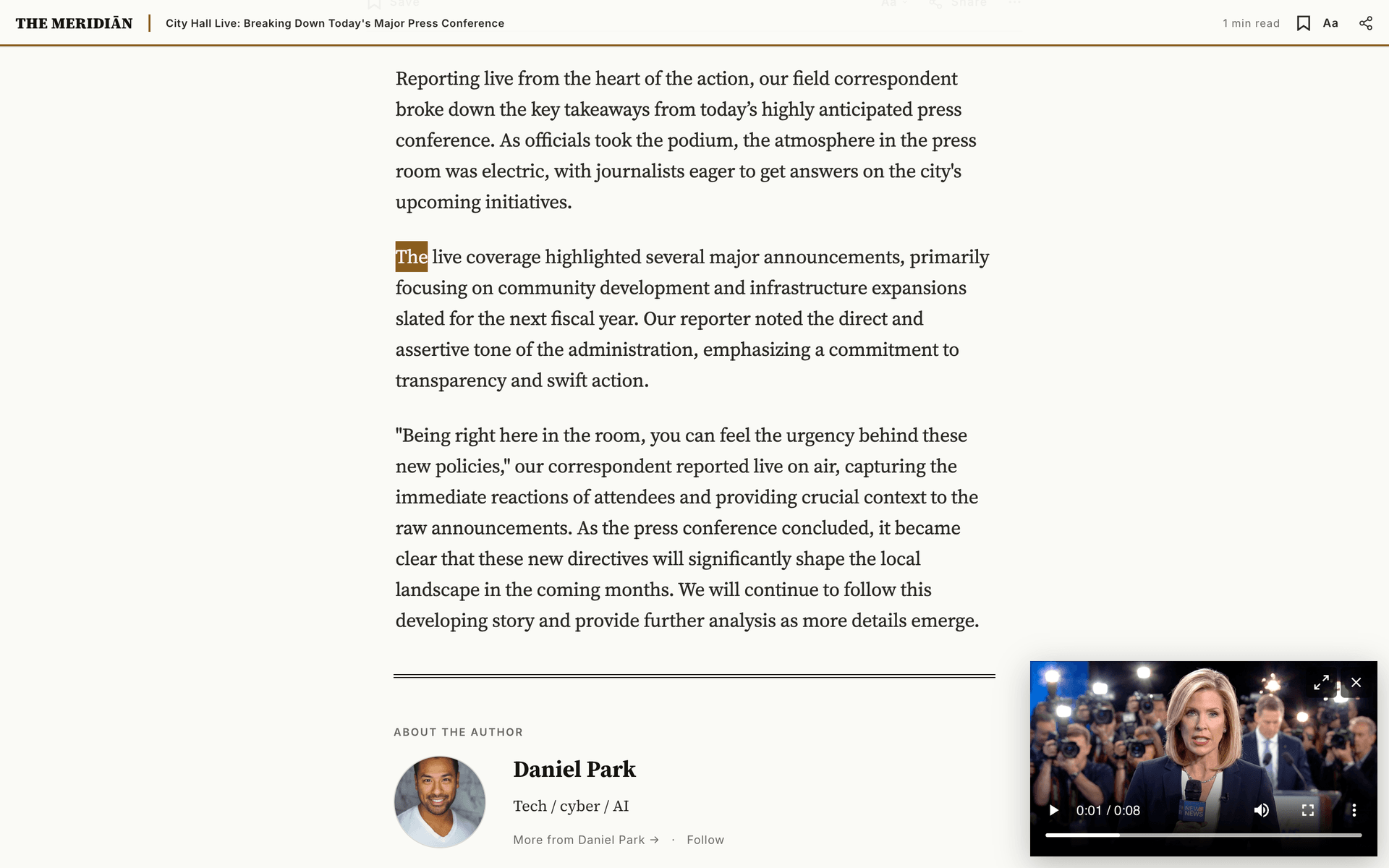 A Meridian video playing in a small corner player as the reader moves between stories