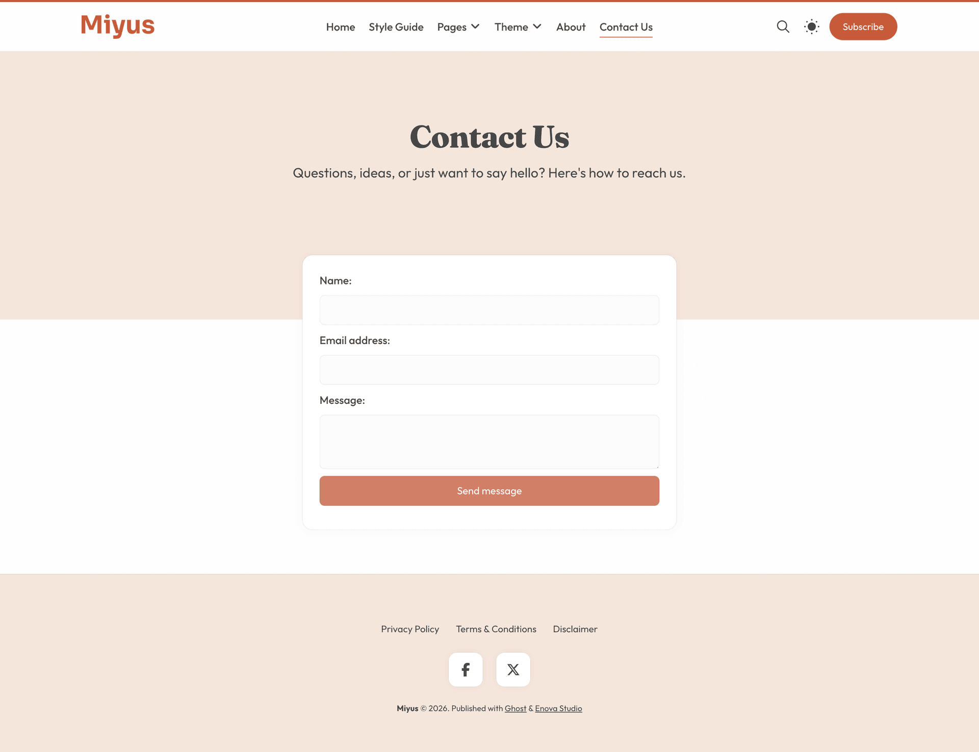 Miyus contact page with AJAX form