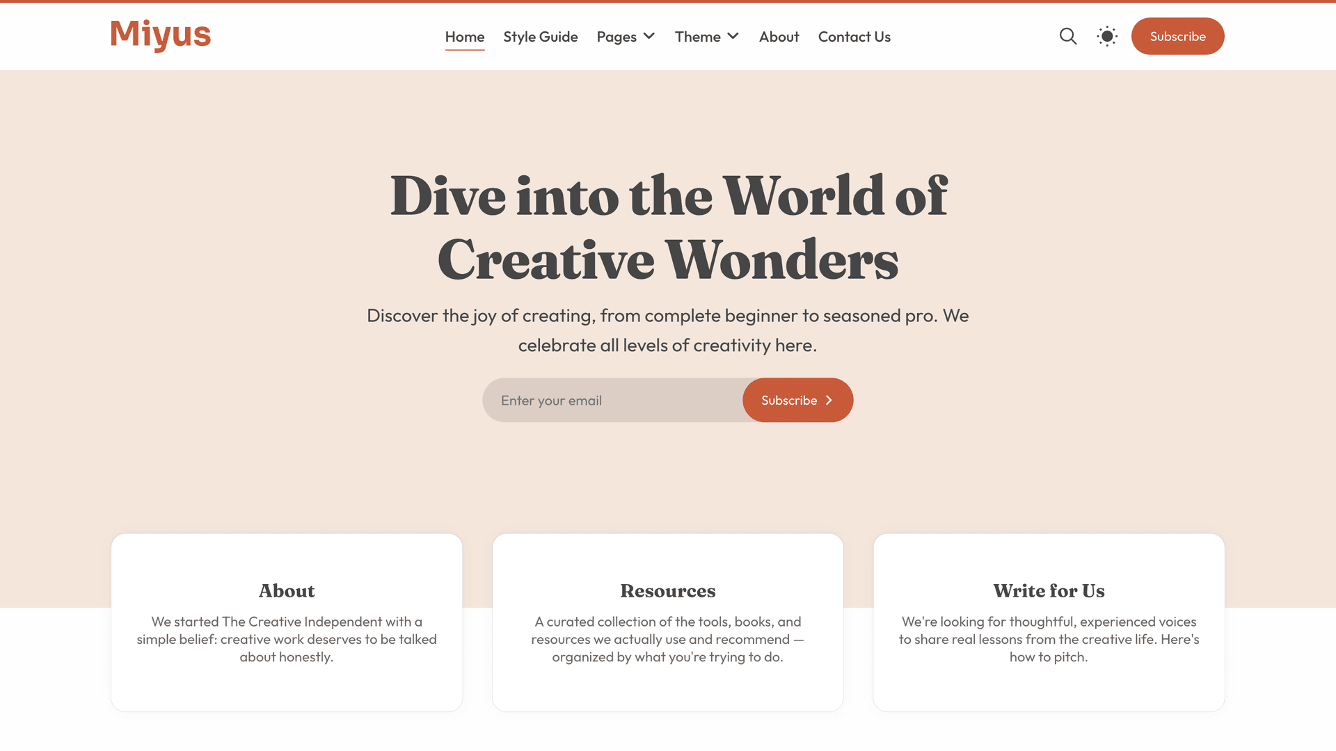 Miyus homepage with featured links shelf and featured posts grid