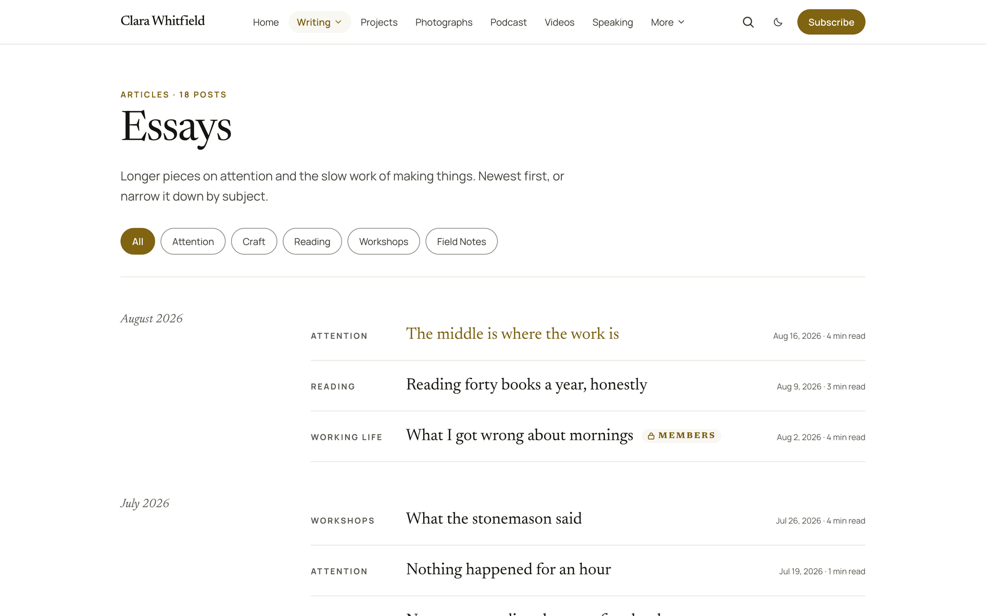 Quiet article archive with a subject filter row and posts listed under month headings