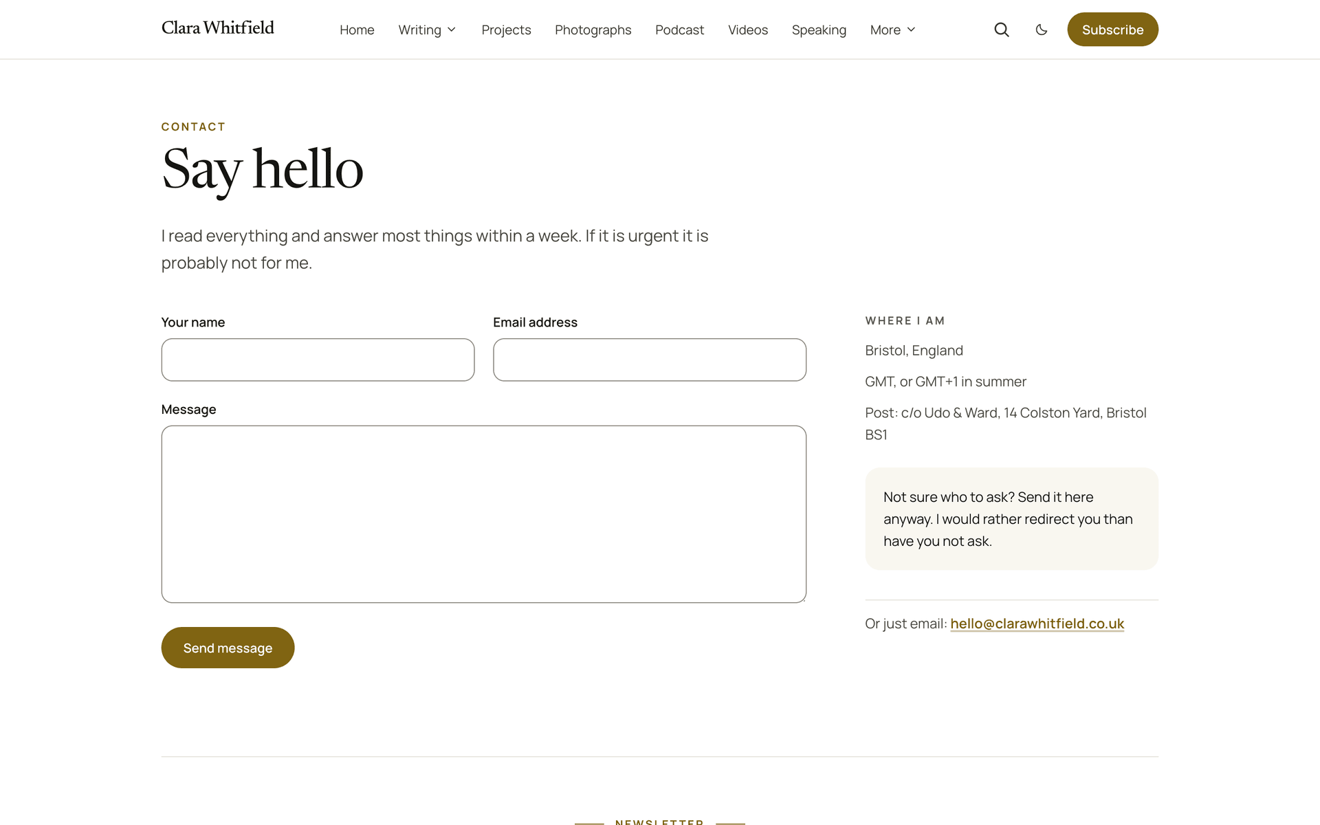 Quiet contact page with a message form and a side column of details