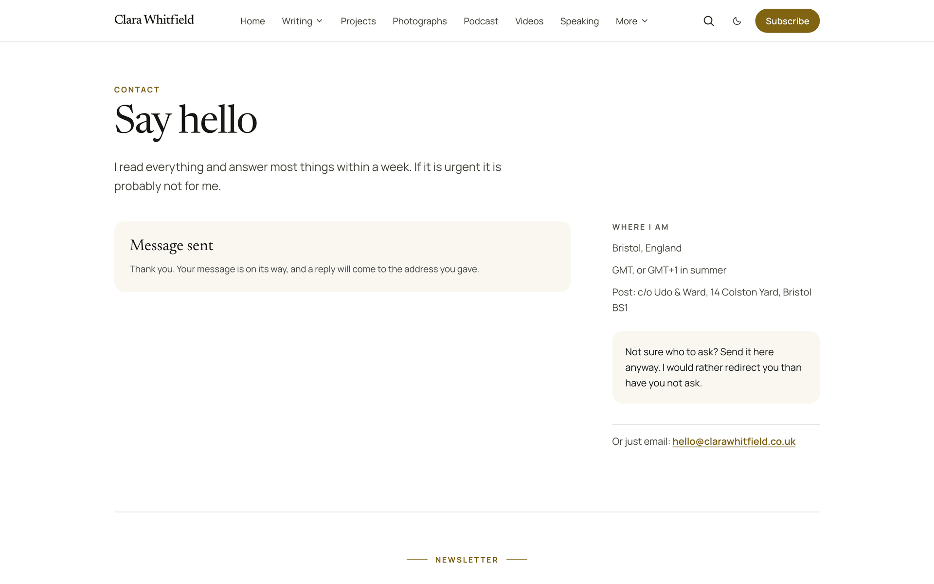 Quiet contact page showing the in-place confirmation after a message is sent