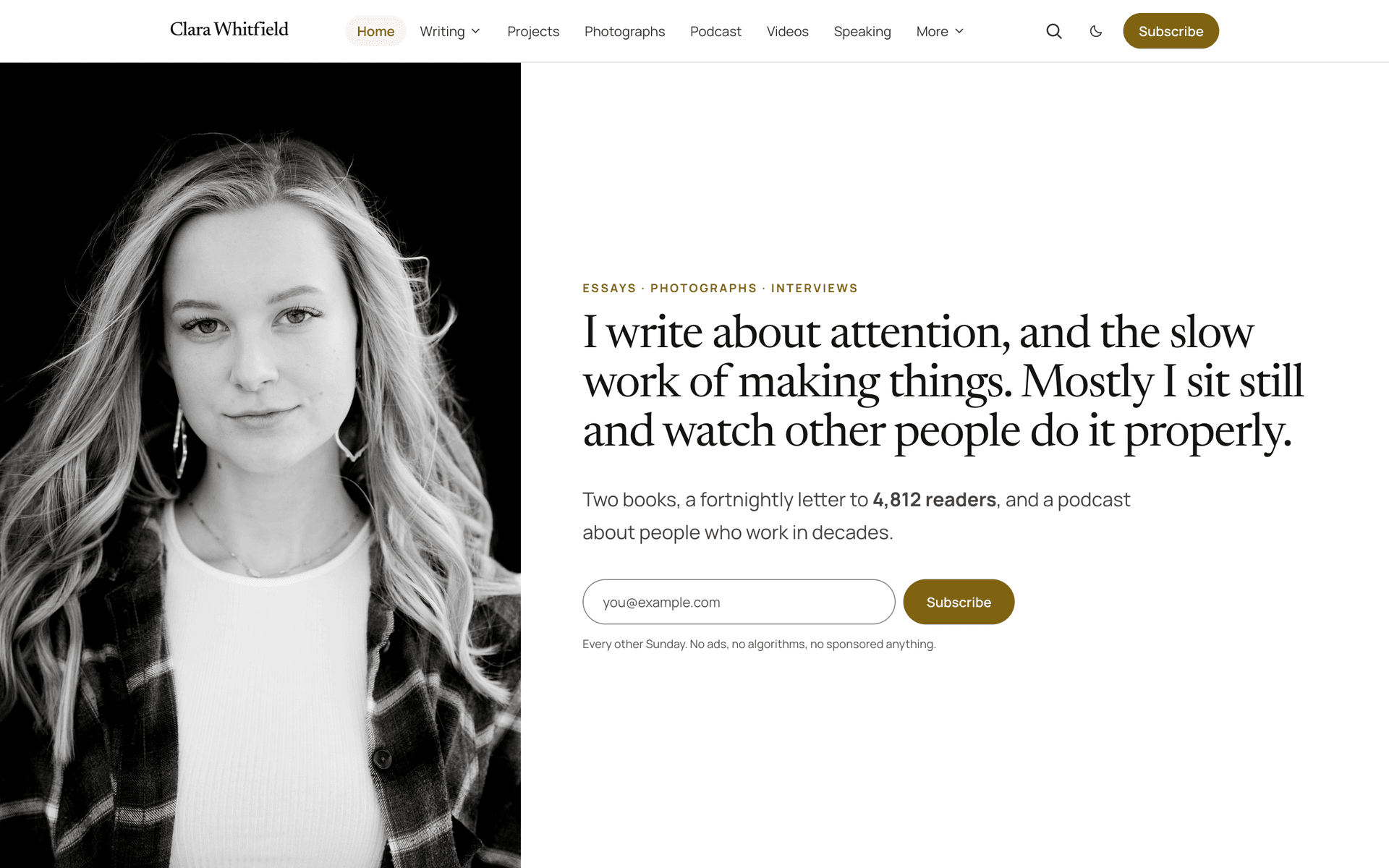 Quiet homepage introduction with a full-height portrait panel beside the headline and signup field