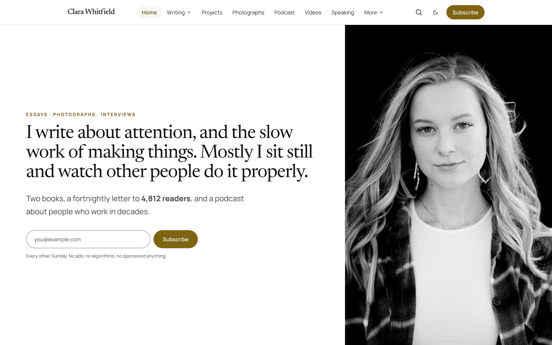 Quiet panel introduction with a full-height portrait running off the right edge of the screen