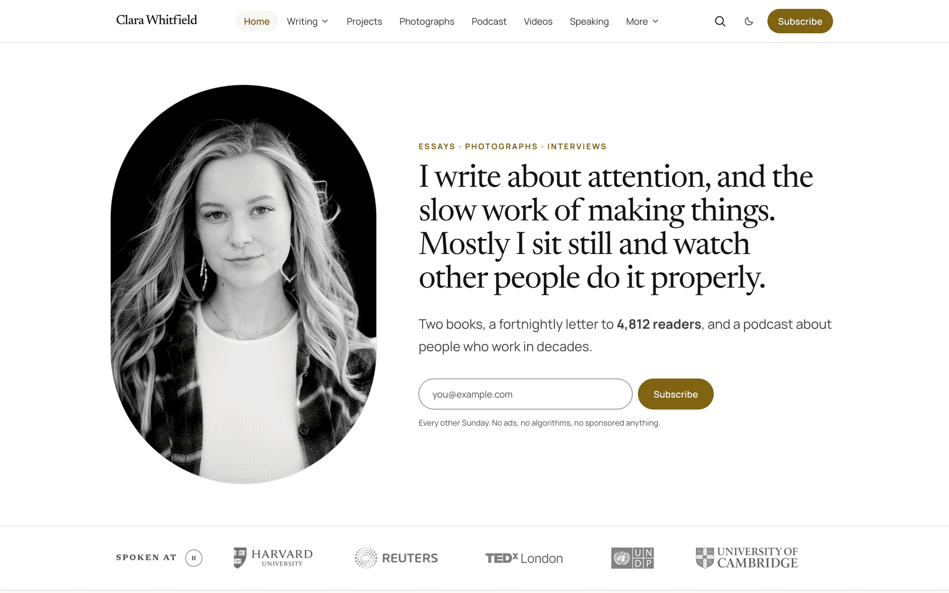 Quiet split introduction with an oval portrait cameo beside the headline