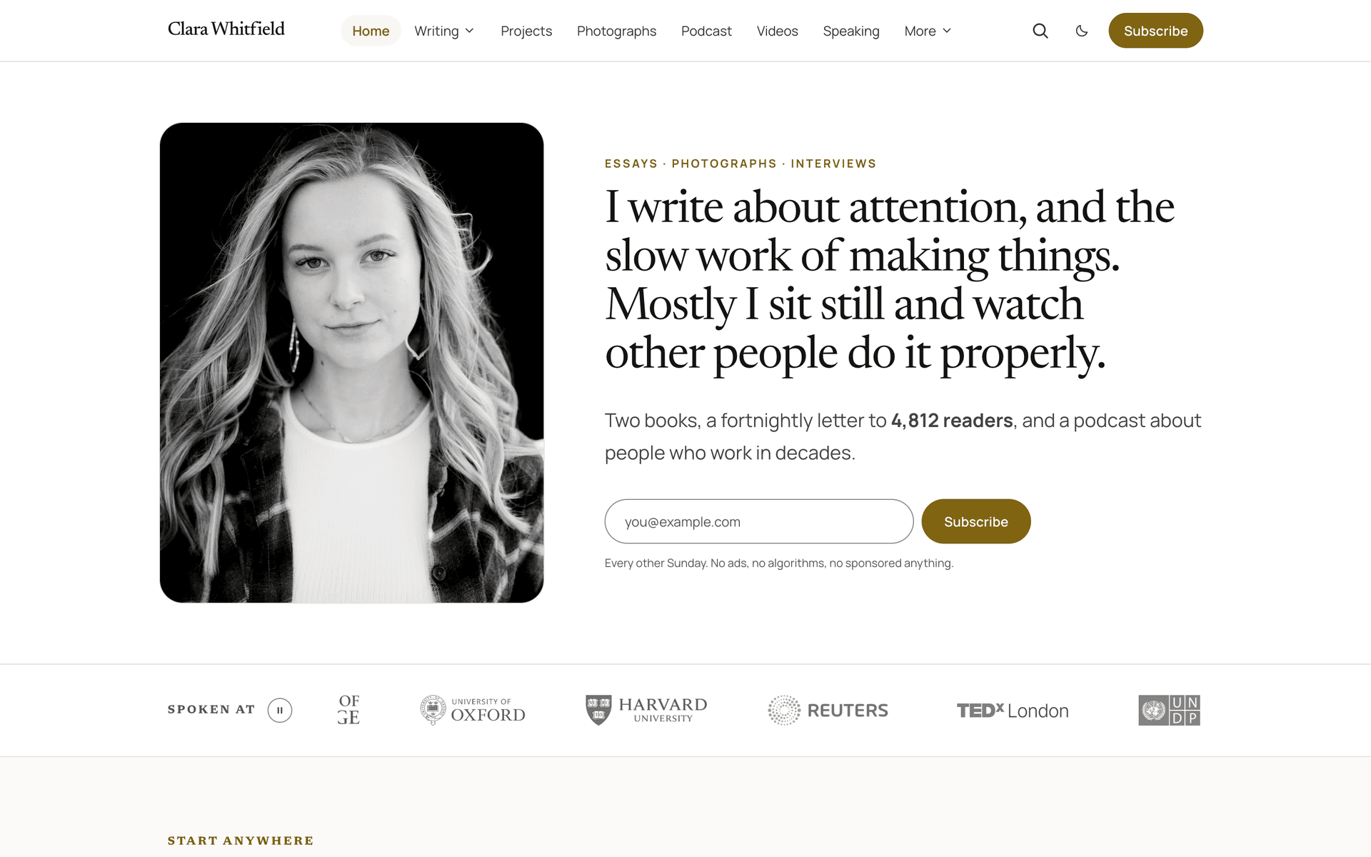 Quiet split introduction with a large portrait card on the left and the headline on the right