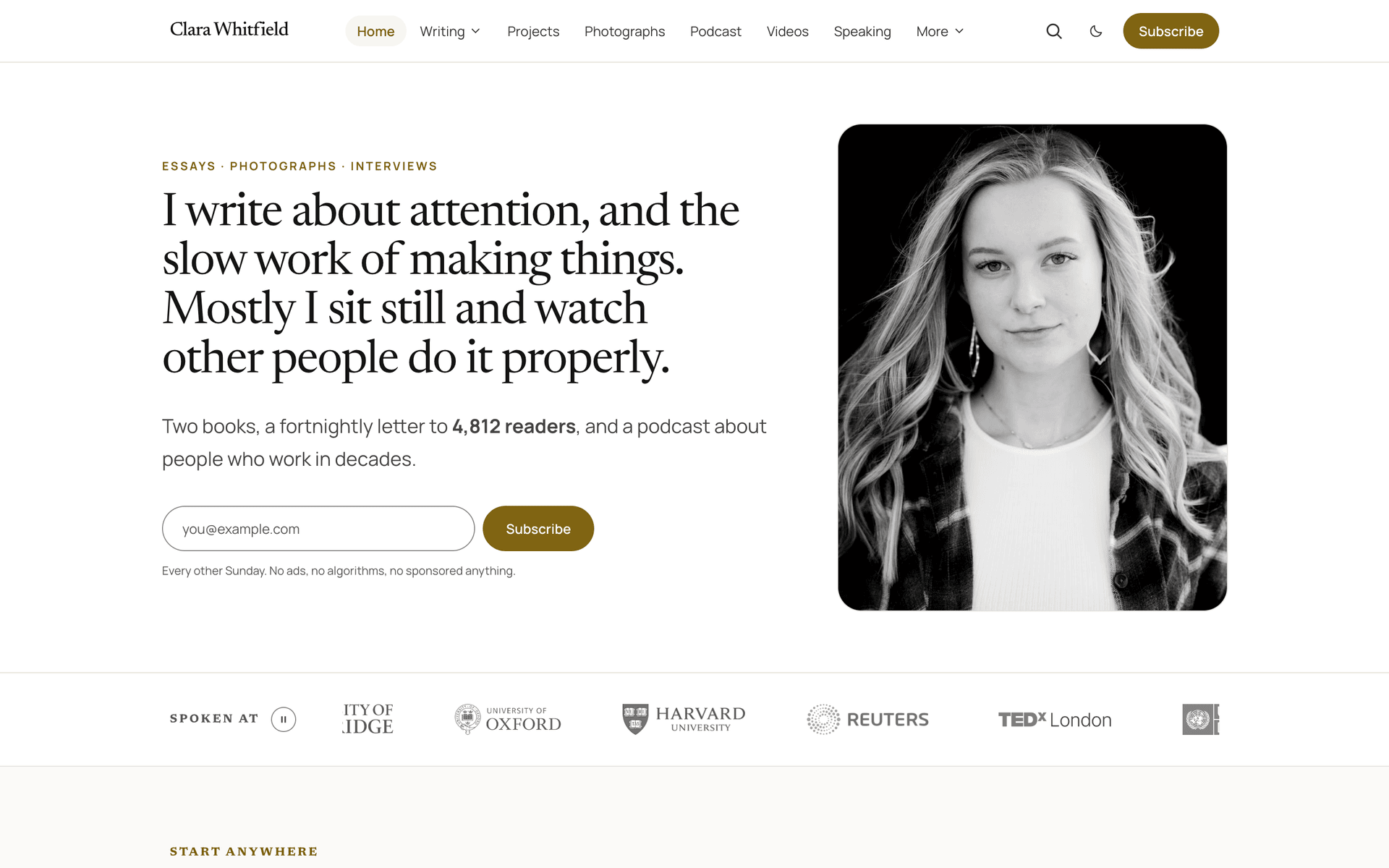 Quiet split introduction with the headline on the left and a large portrait card on the right