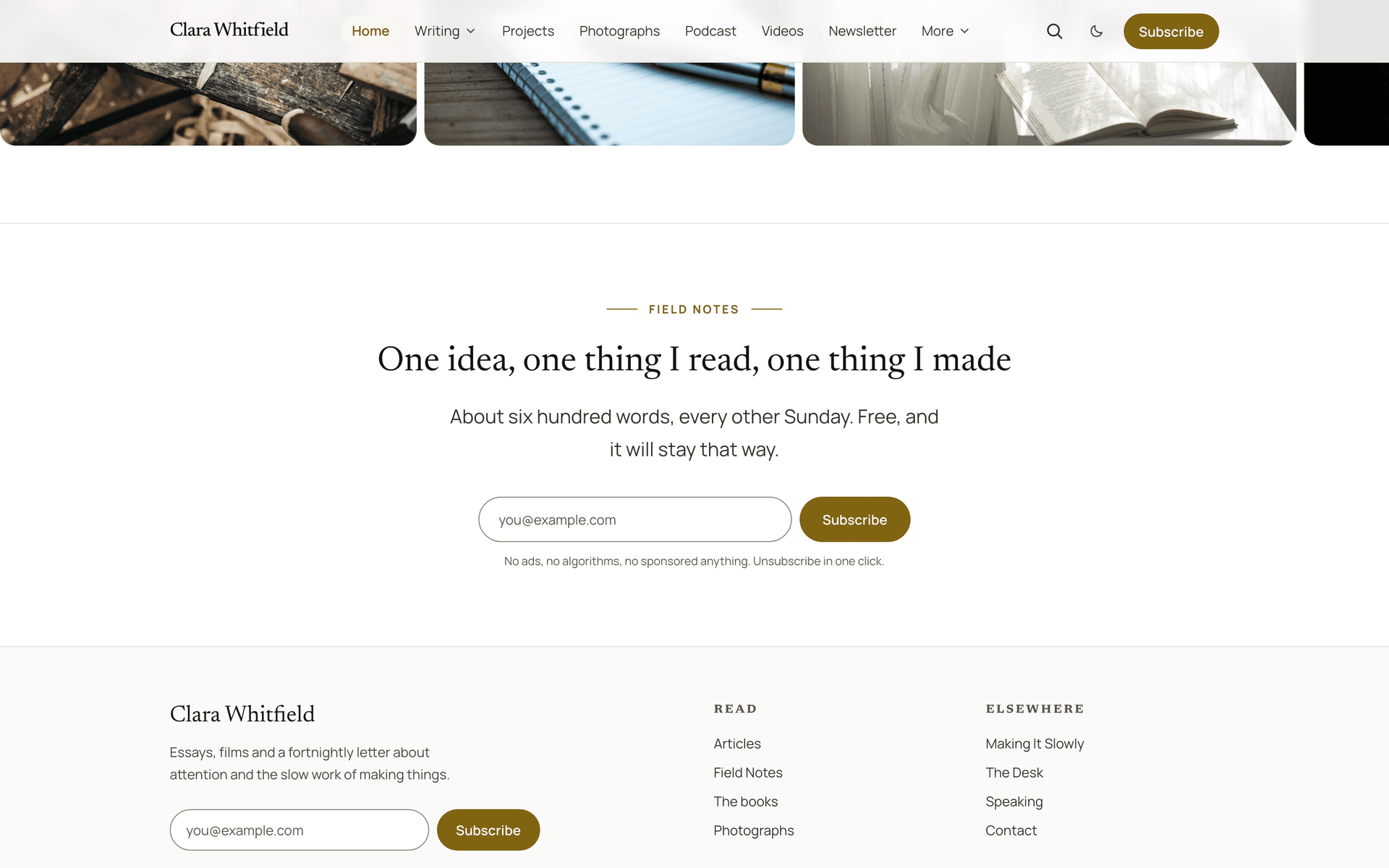 Quiet newsletter signup band with a headline, an email field and fine print