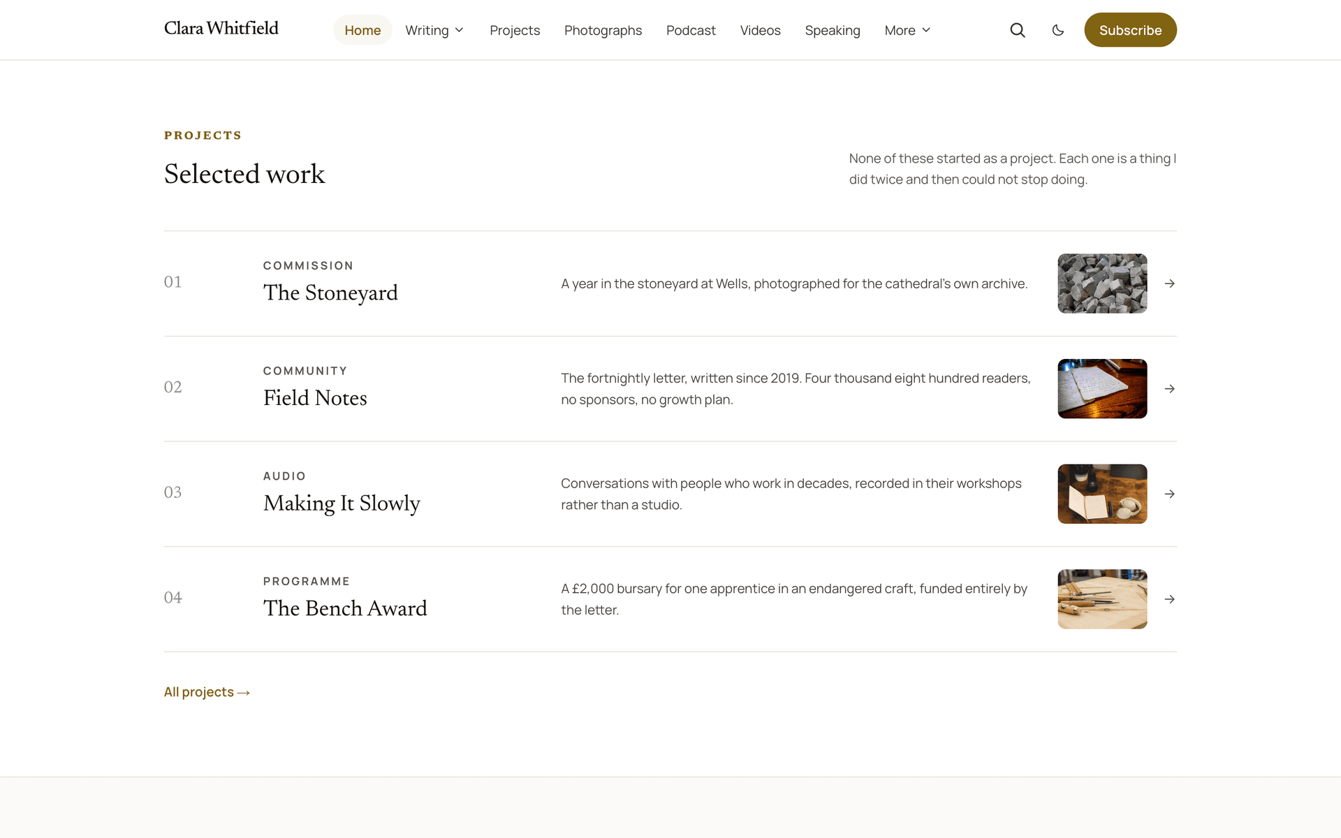 Quiet portfolio band listing four numbered projects with thumbnails