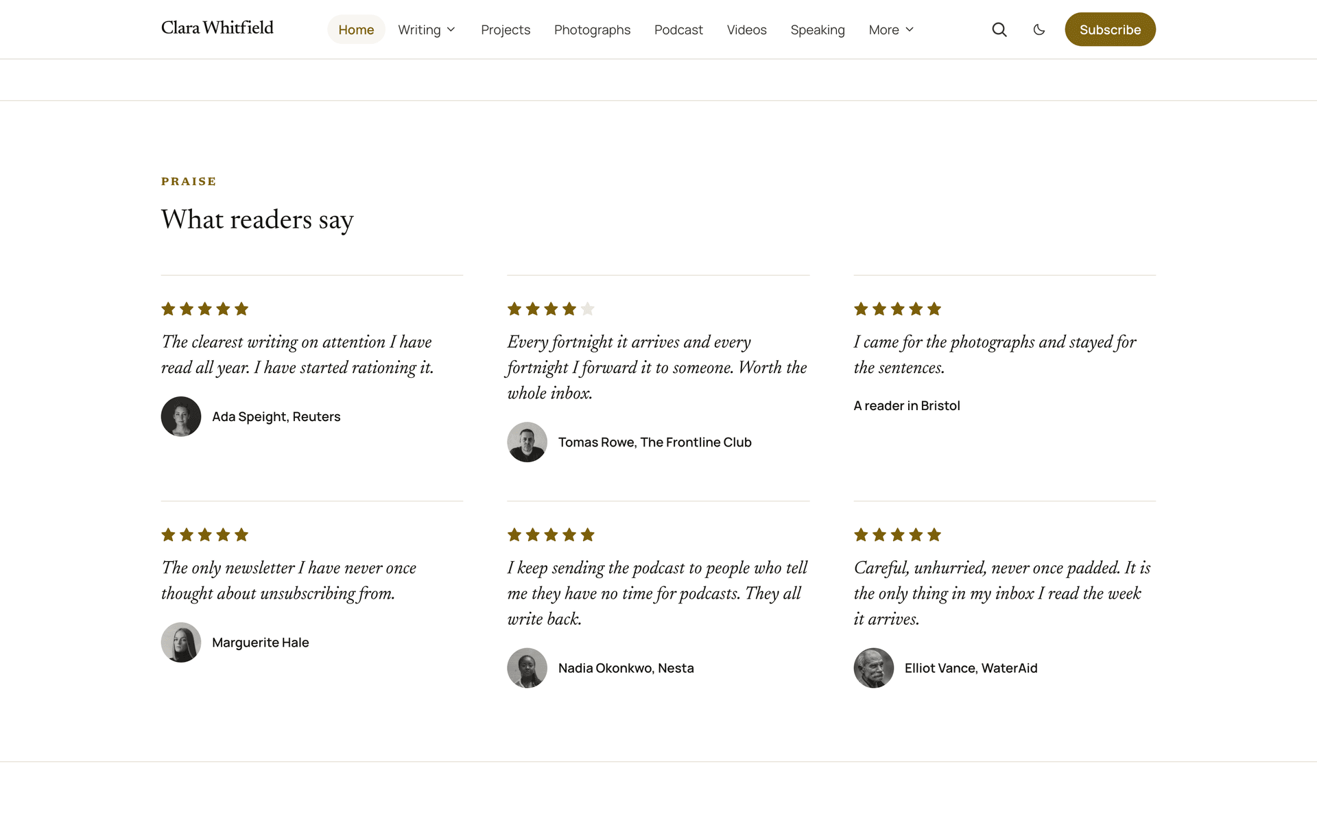 Quiet testimonials band with three quotes, names and star ratings