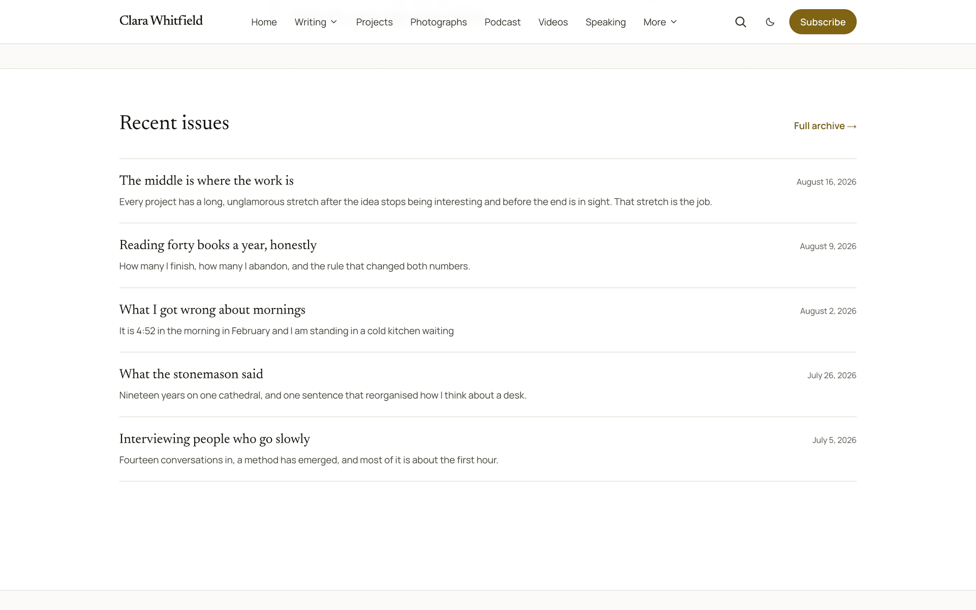 Quiet newsletter page listing recent issues with their dates
