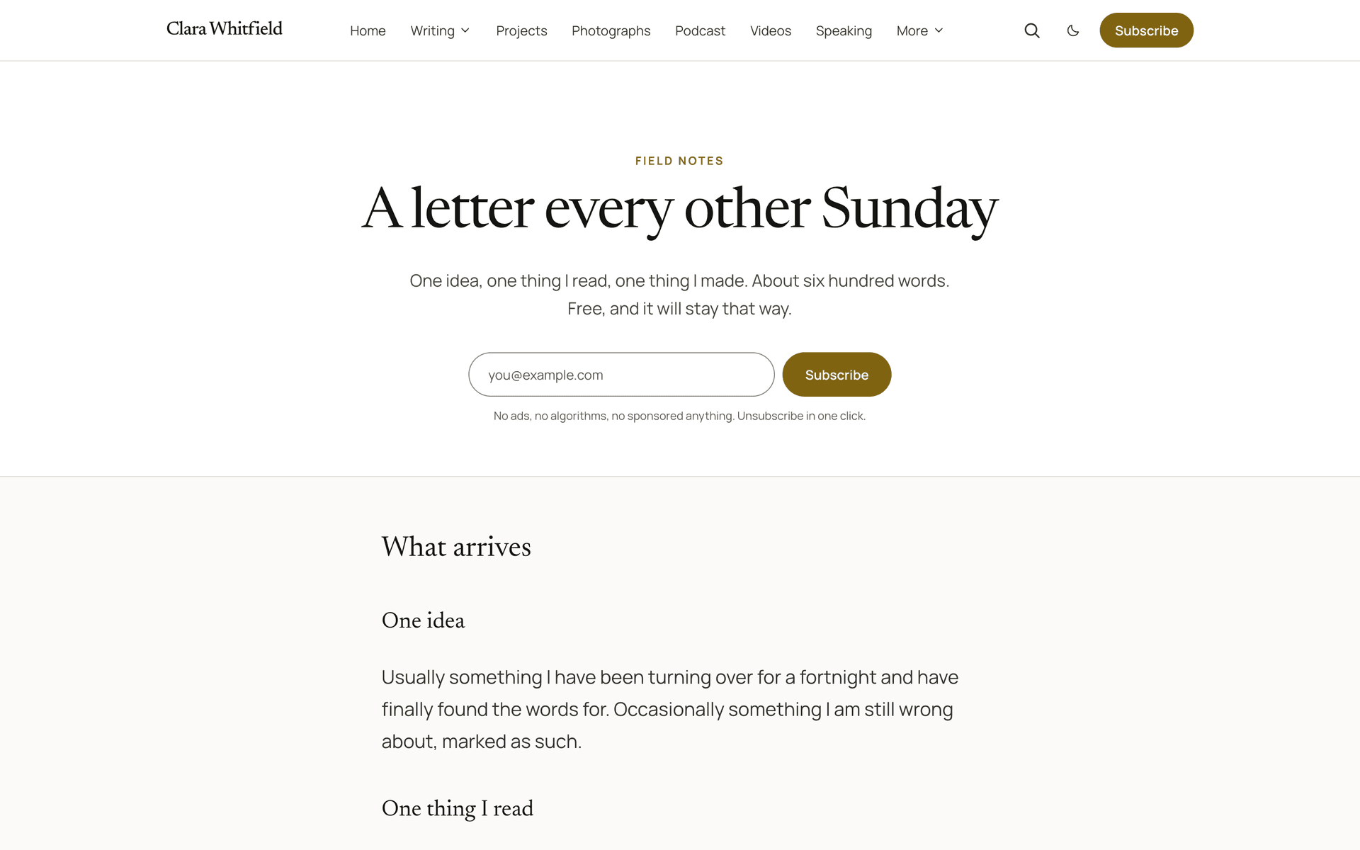 Quiet newsletter landing page with a signup form and a description of the letter