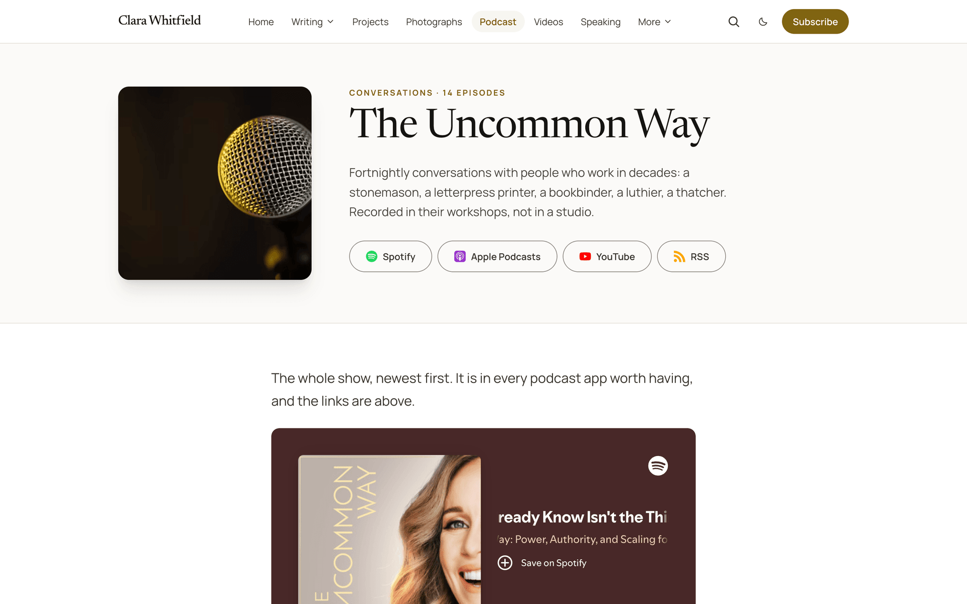 Quiet podcast page with a row of branded listening links for Spotify, Apple Podcasts and other platforms