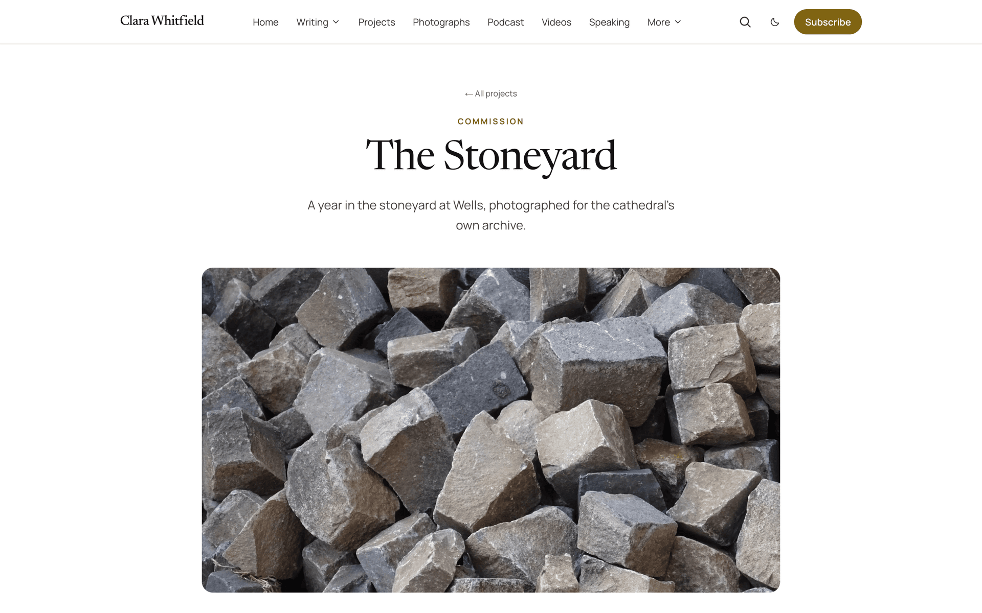 Quiet single project page with a large picture, the project's story and a link back to the portfolio