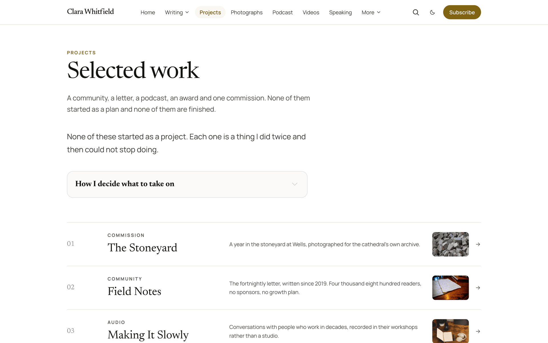 Quiet portfolio page listing projects as a numbered ledger with category, name, one line and a thumbnail