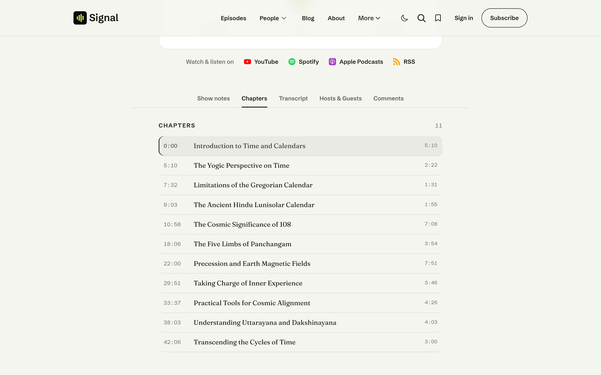 Signal episode chapters tab with tappable timestamps
