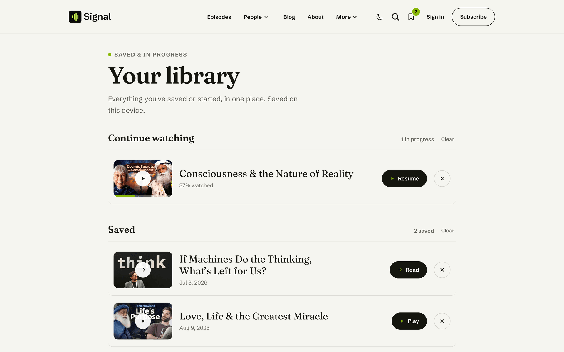 Signal Library page with Continue and Saved sections