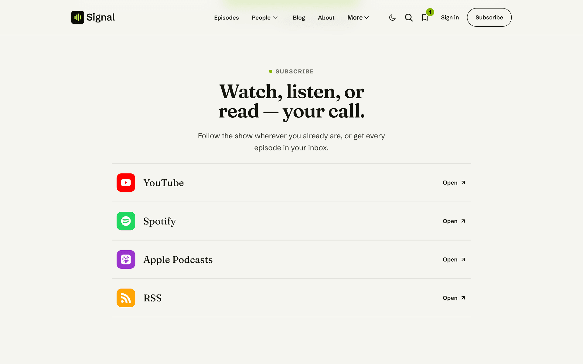 Signal Subscribe page with branded listen-platform rows
