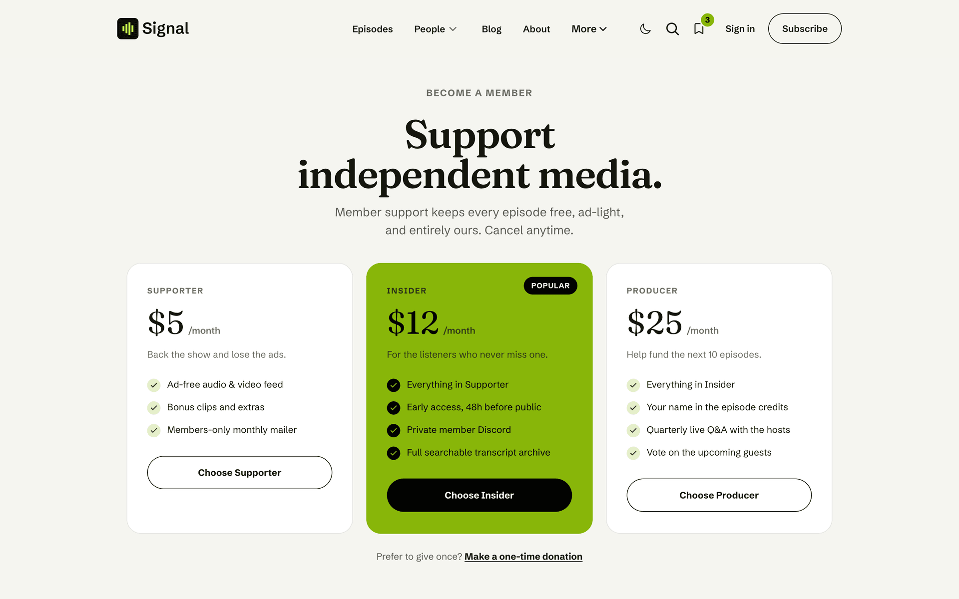 Signal Subscribe page built from Ghost tiers